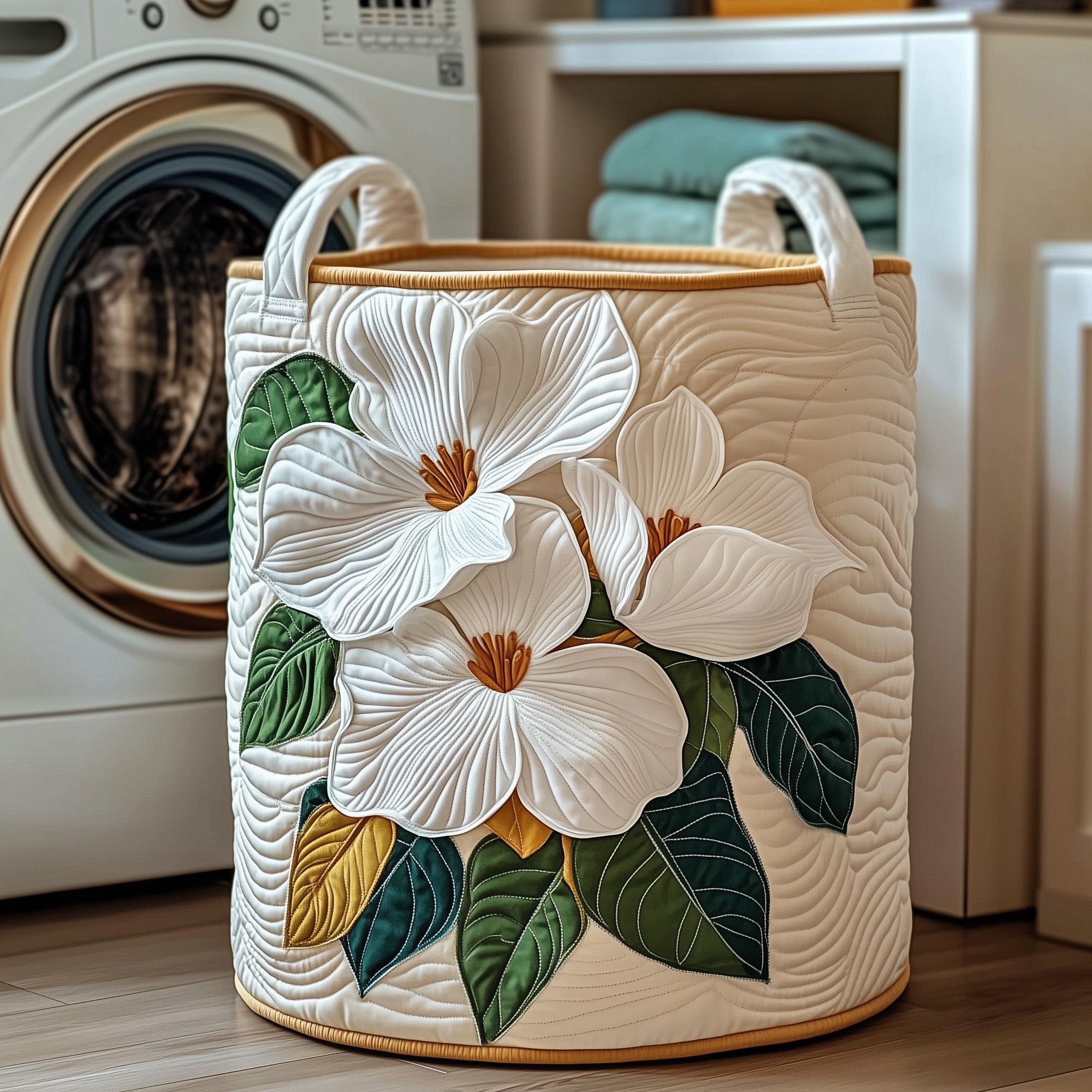 Elegant Magnolia Quilted Laundry Basket Stylish Fabric Clothes Hamper Gift For Grandma