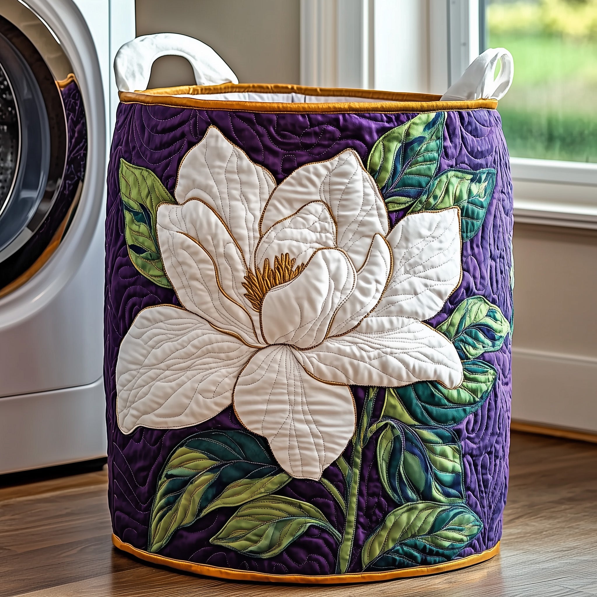 Elegant Magnolia Quilted Laundry Basket Stylish Fabric Clothes Hamper Gift For Her