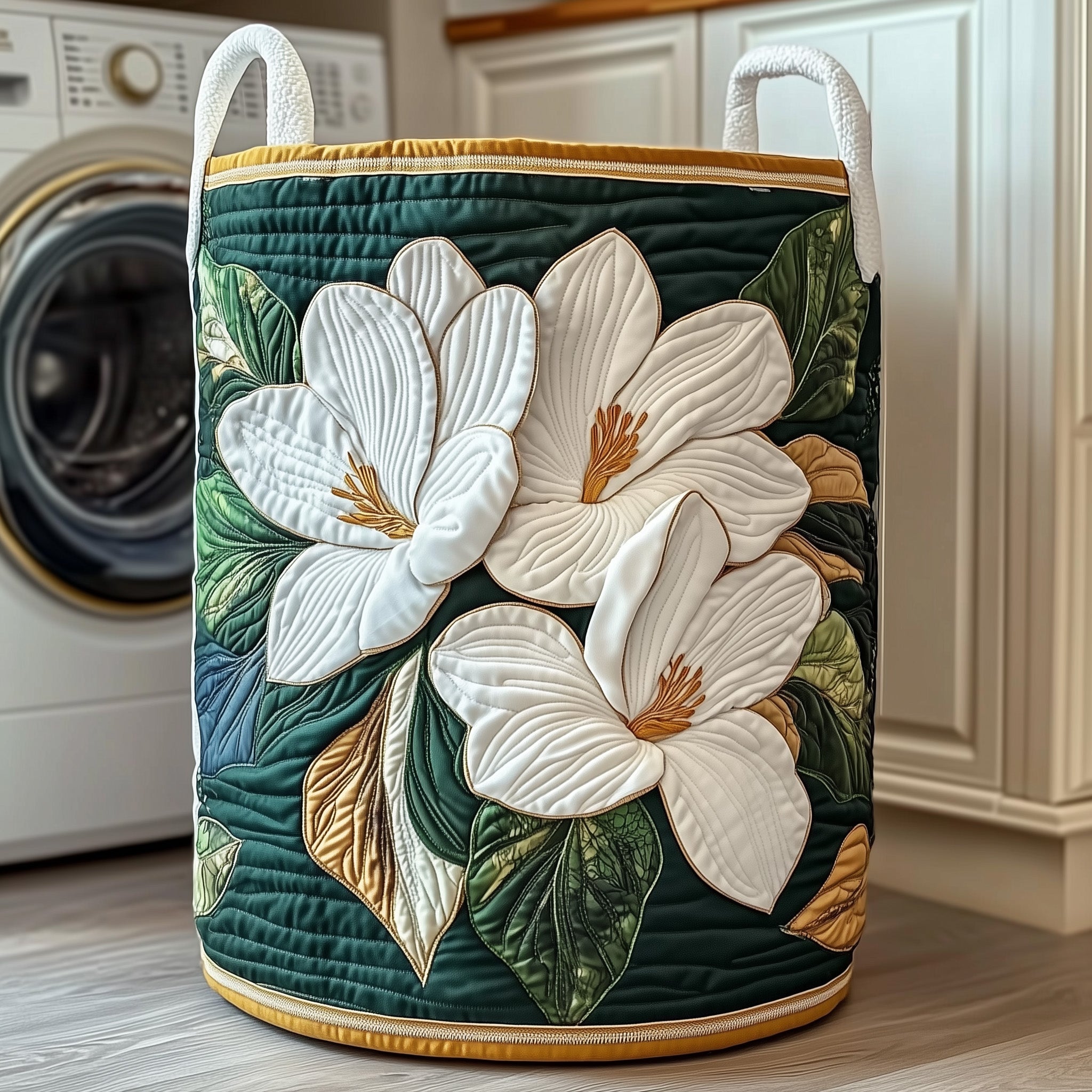 Elegant Magnolia Quilted Laundry Basket Stylish Fabric Clothes Hamper Gift For Mom