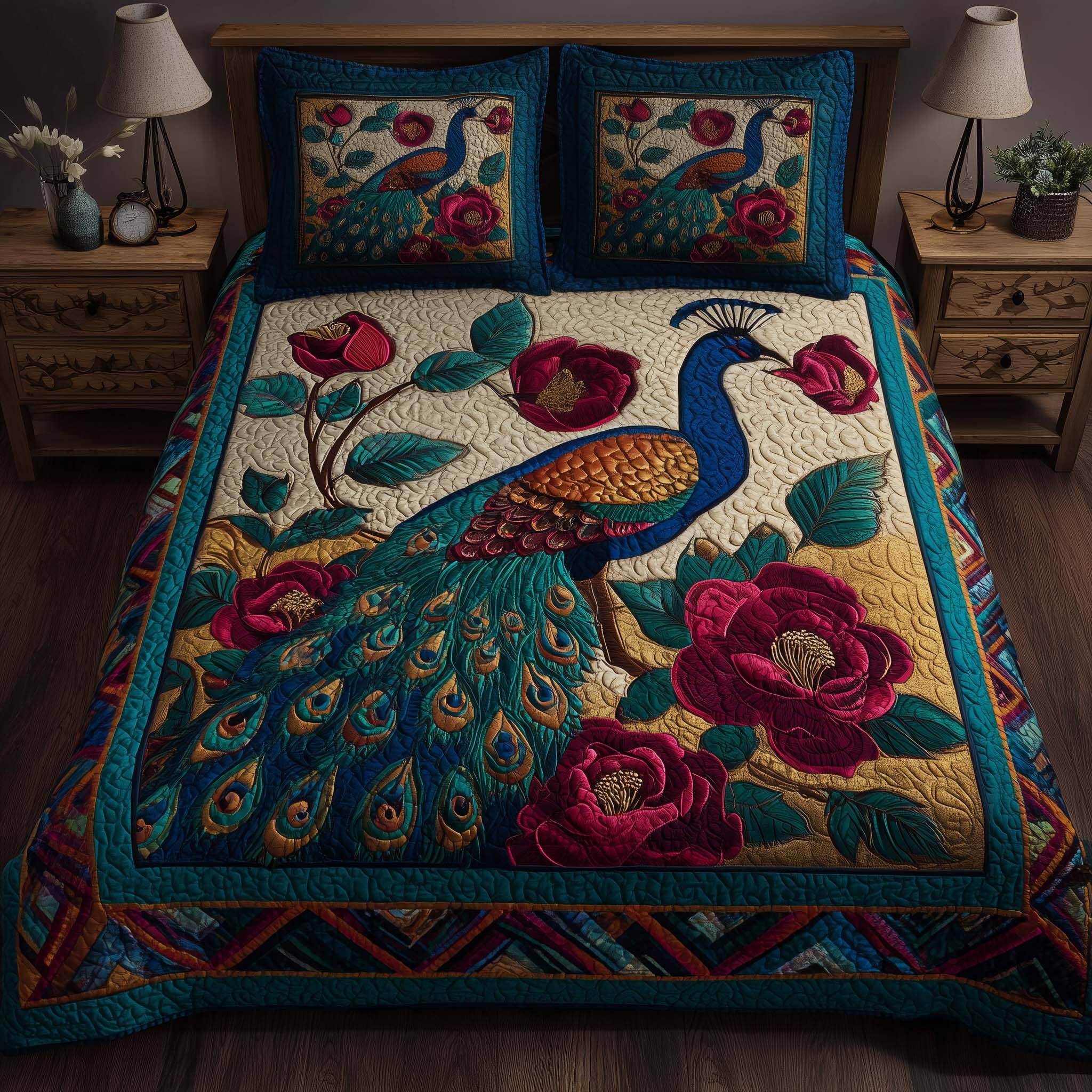Elegant Peacock Quilted Bedding Set Boho Bird Bedroom Decor Best Gift For Bird Lovers