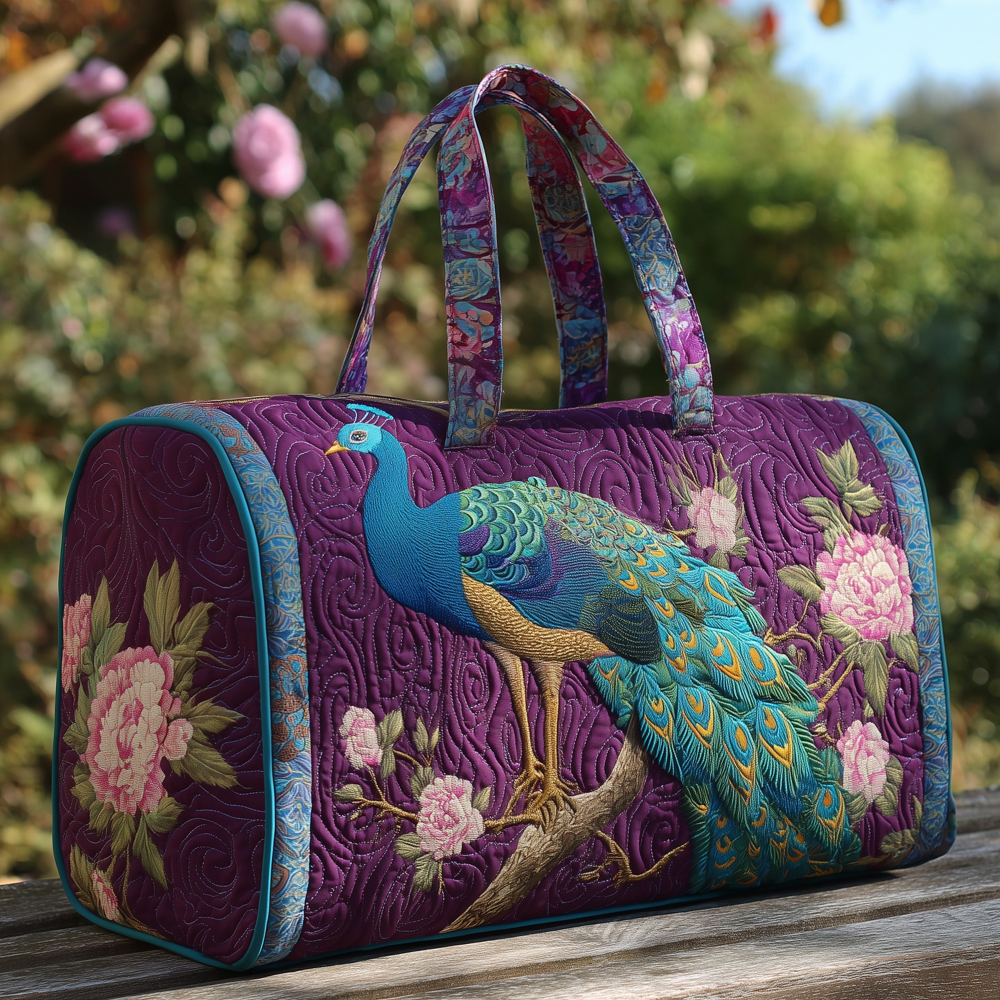 Elegant Peacock Quilted Duffle Bag Everyday Gift Idea