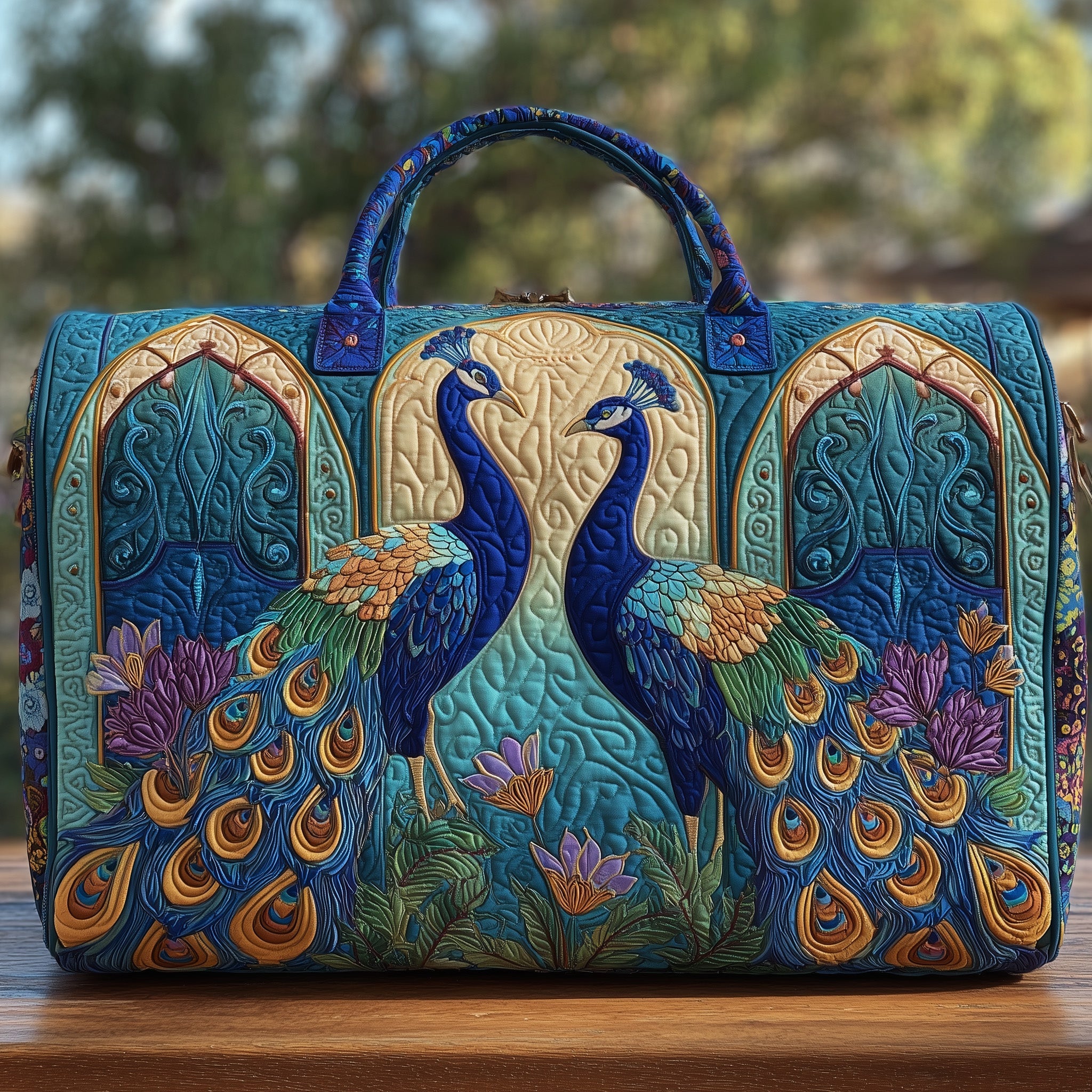 Elegant Peacock Quilted Duffle Bag For Outdoor Activities