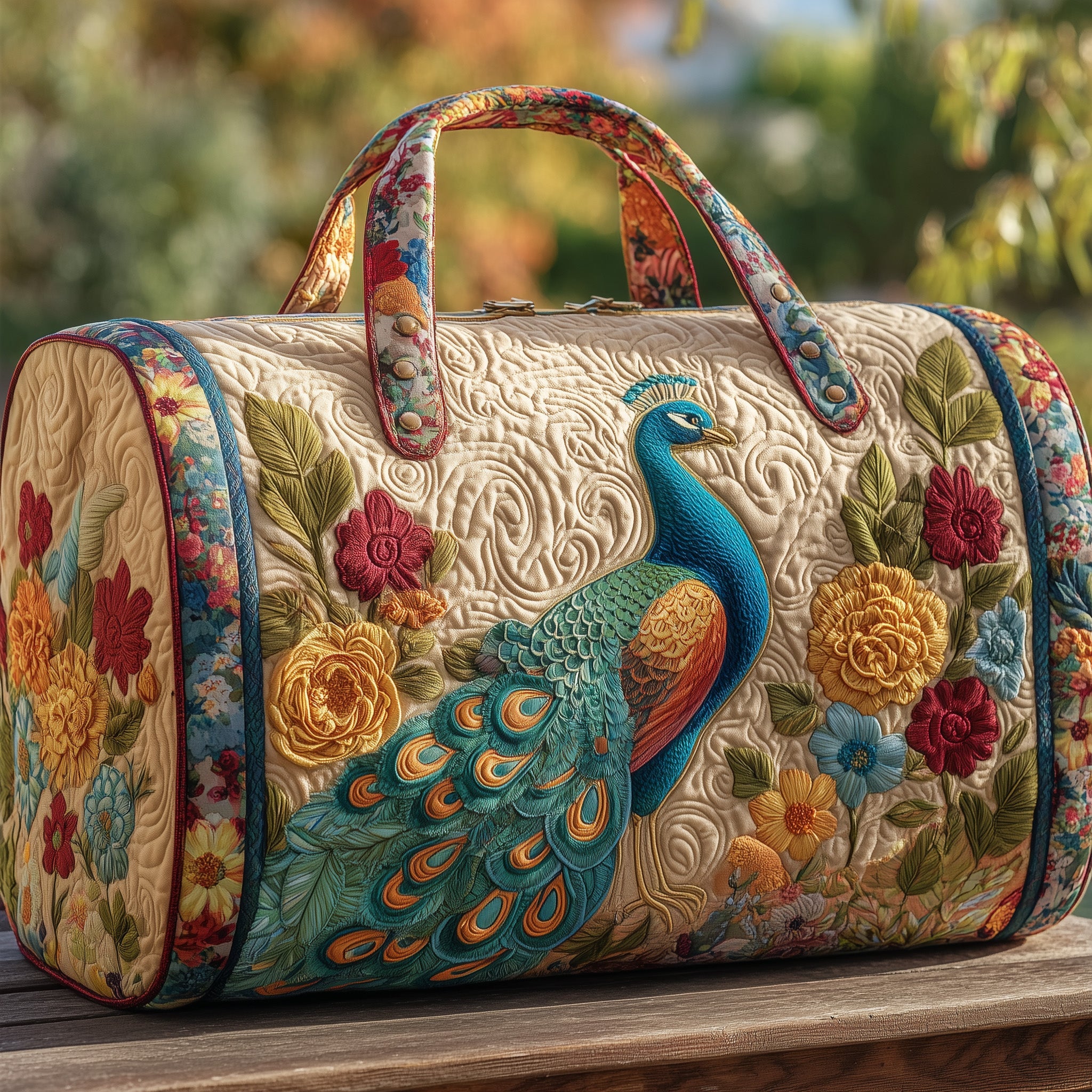 Elegant Peacock Quilted Duffle Bag For Weekend Trips