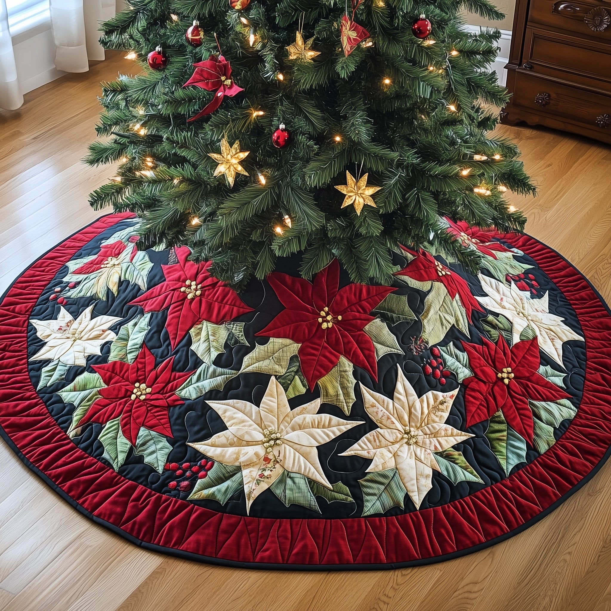 Elegant Poinsettia Quilted Tree Skirt Charming Tree Skirt Gift Idea