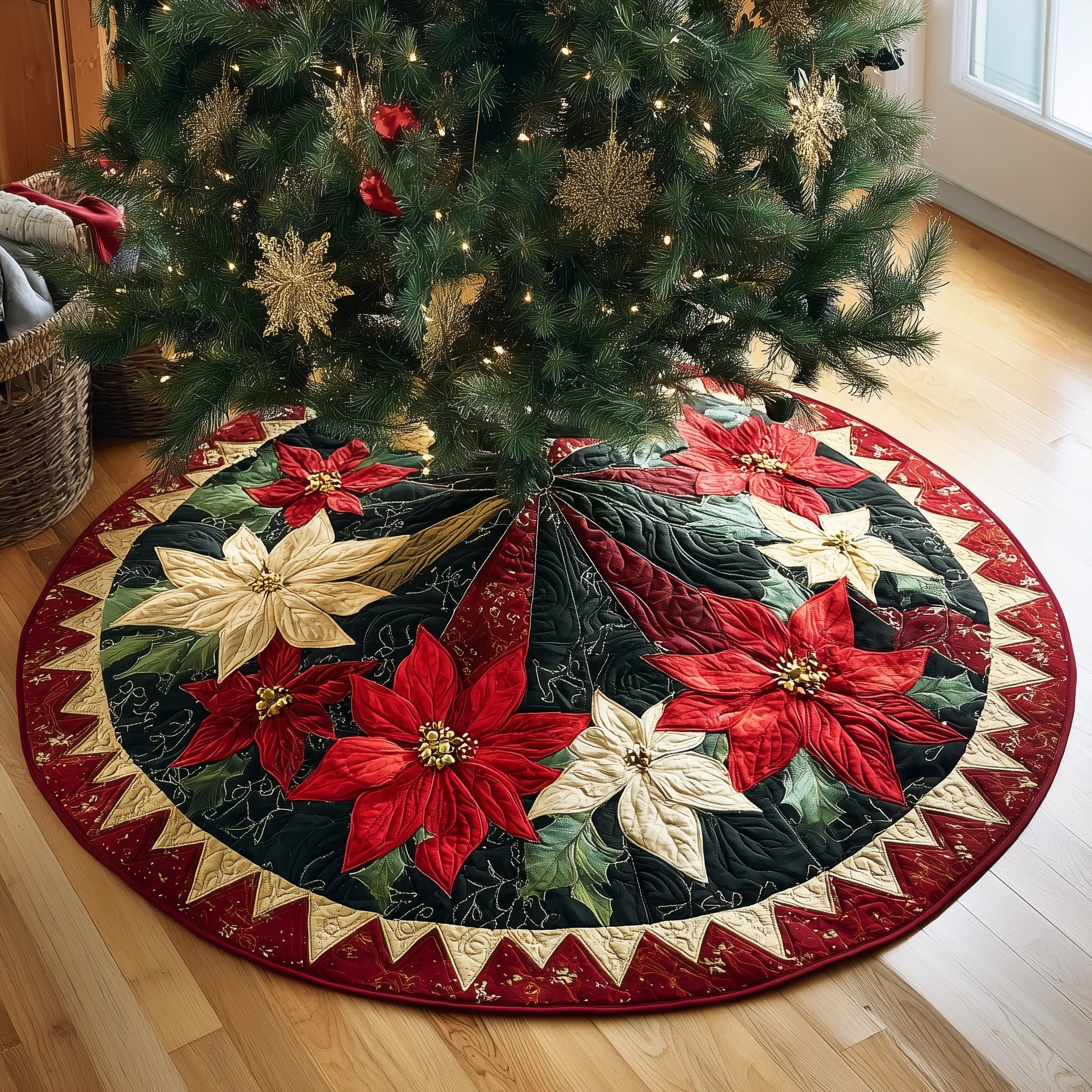 Elegant Poinsettia Quilted Tree Skirt Festive Living Room Merch