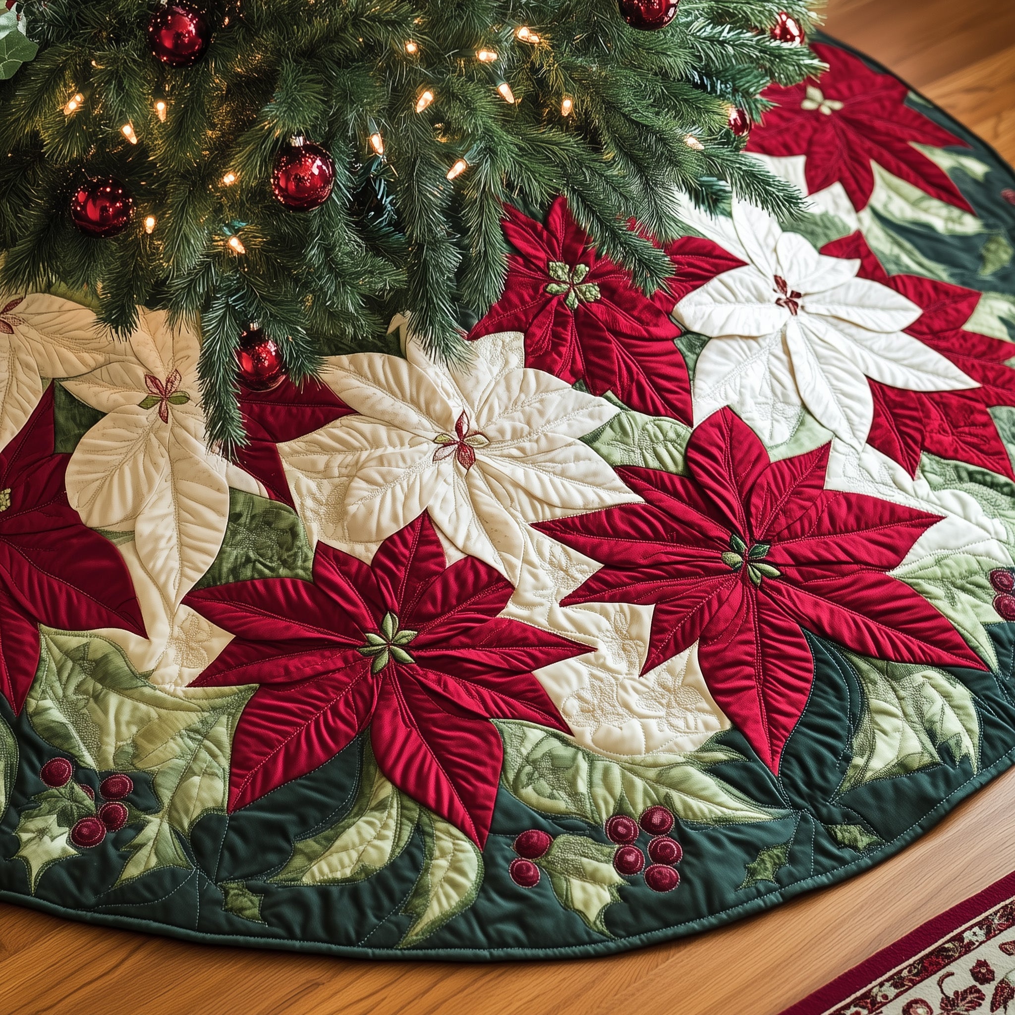 Elegant Poinsettia Quilted Tree Skirt Stylish Holiday Decor Gift Merch