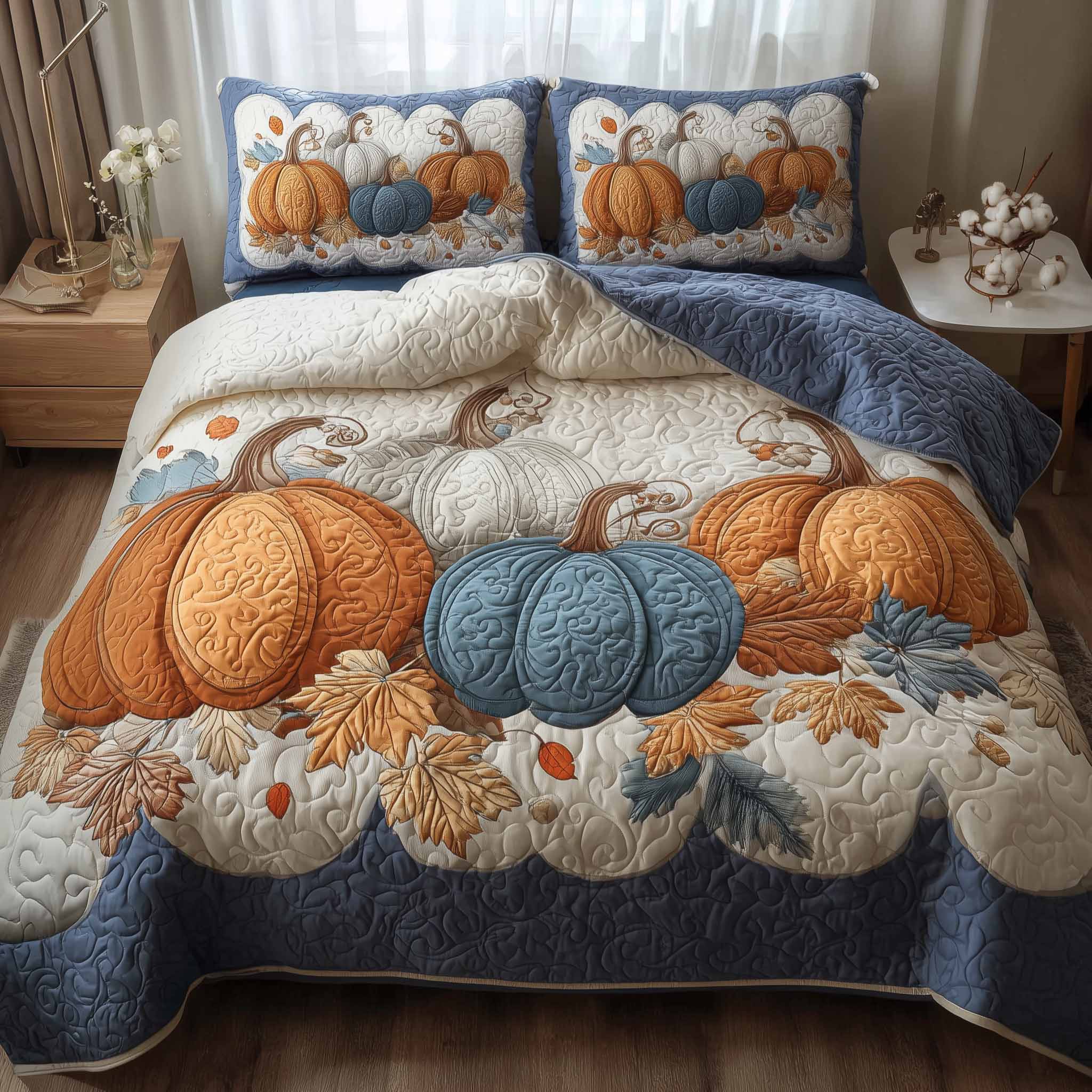 Elegant Pumpkin Quilted Bedding Set Linen Blend