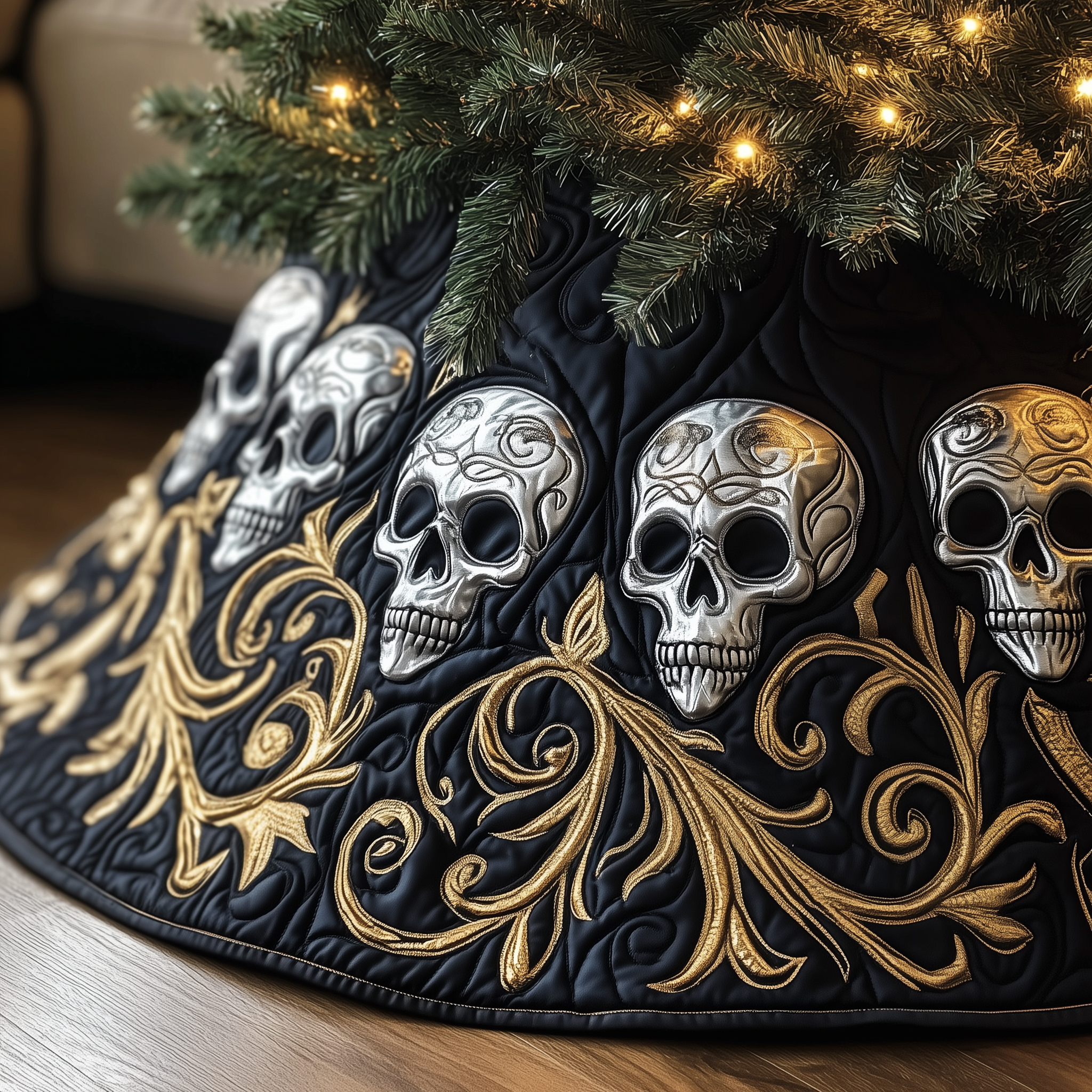 Elegant Skull Quilted Tree Skirt Magical Christmas Spirit Merch