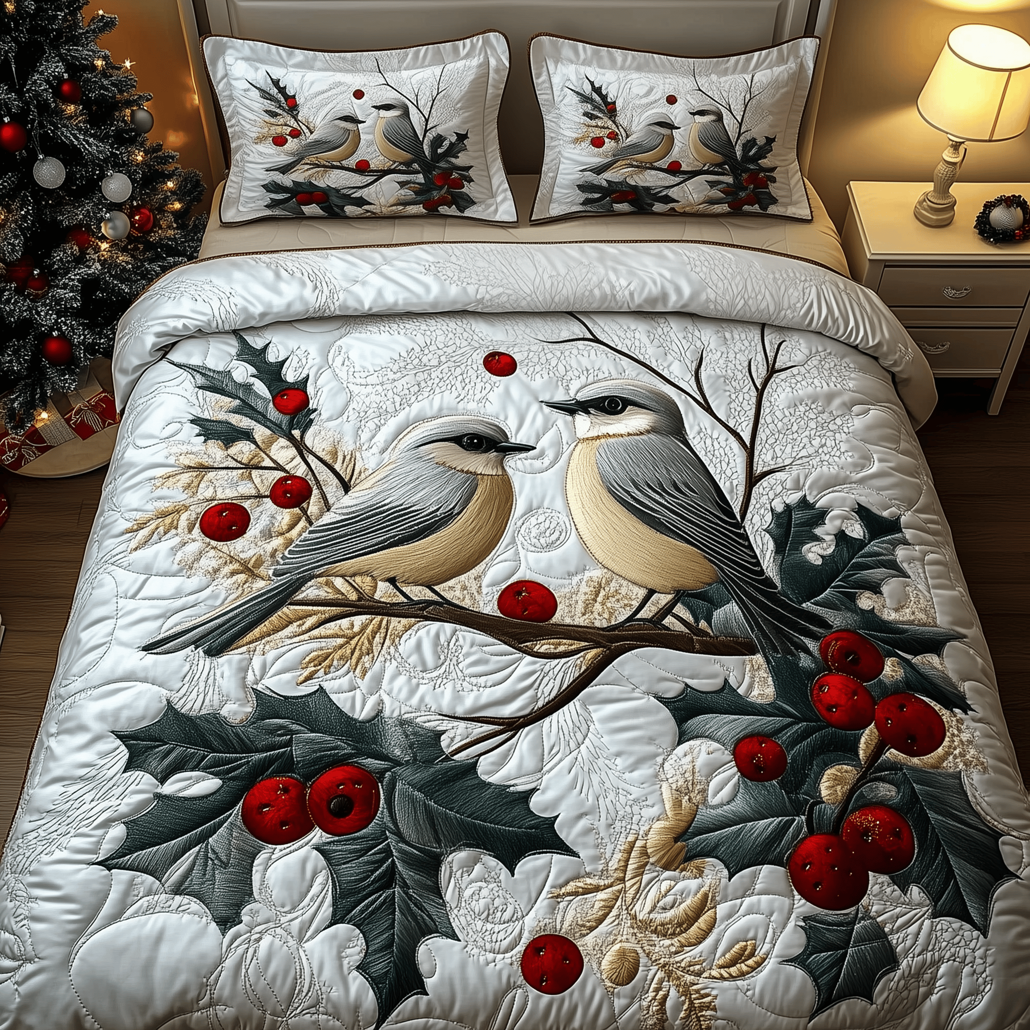 Elegant Snowy Bird Quilted Bedding Set Christmas Gift Ideas For Relatives