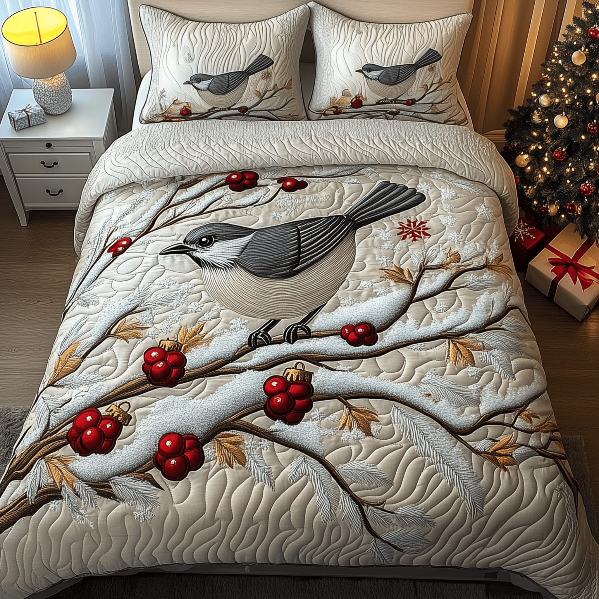Elegant Snowy Bird Quilted Bedding Set Christmas Giving Ideas For Families
