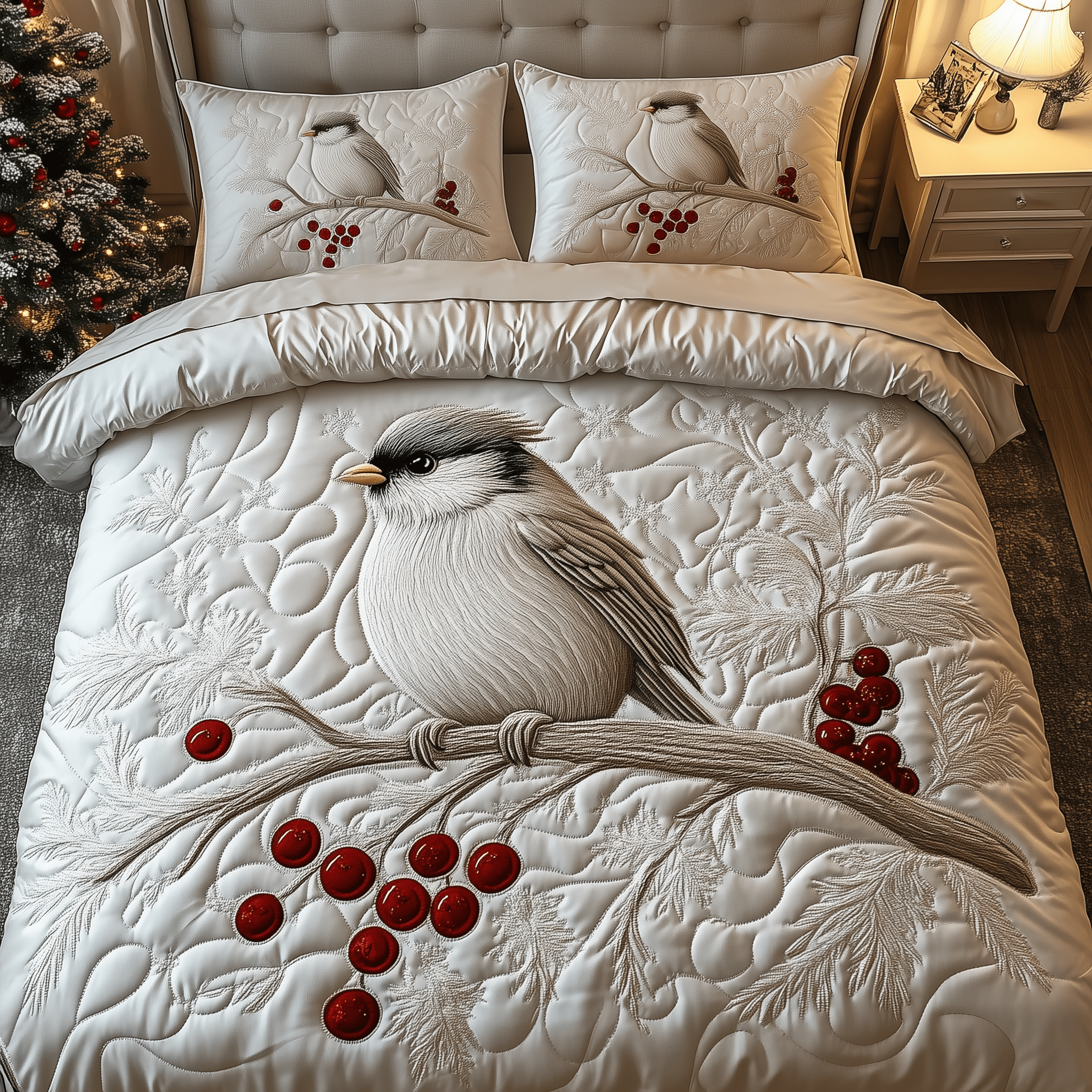 Elegant Snowy Bird Quilted Bedding Set Christmas Presents For Mother In Law