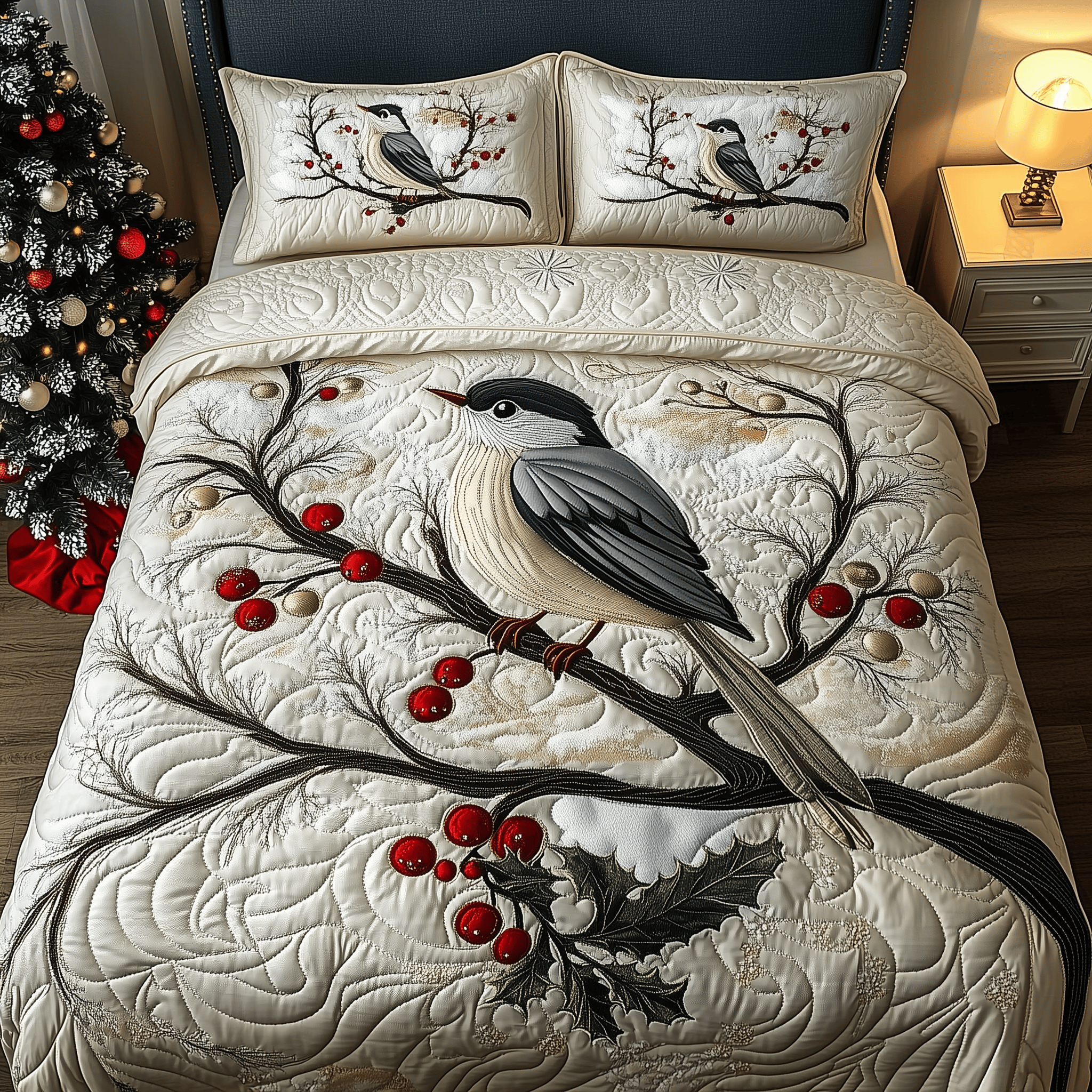 Elegant Snowy Bird Quilted Bedding Set Family Ideas For Christmas Gifts