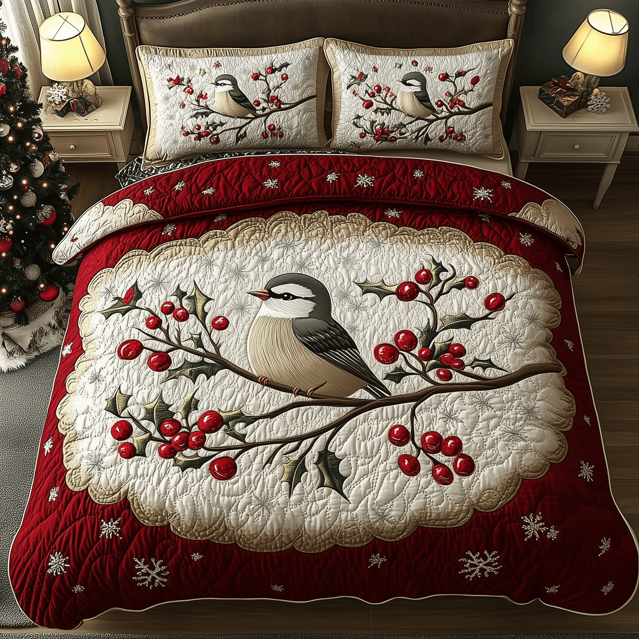 Elegant Snowy Bird Quilted Bedding Set Ideas For Christmas Family Gifts