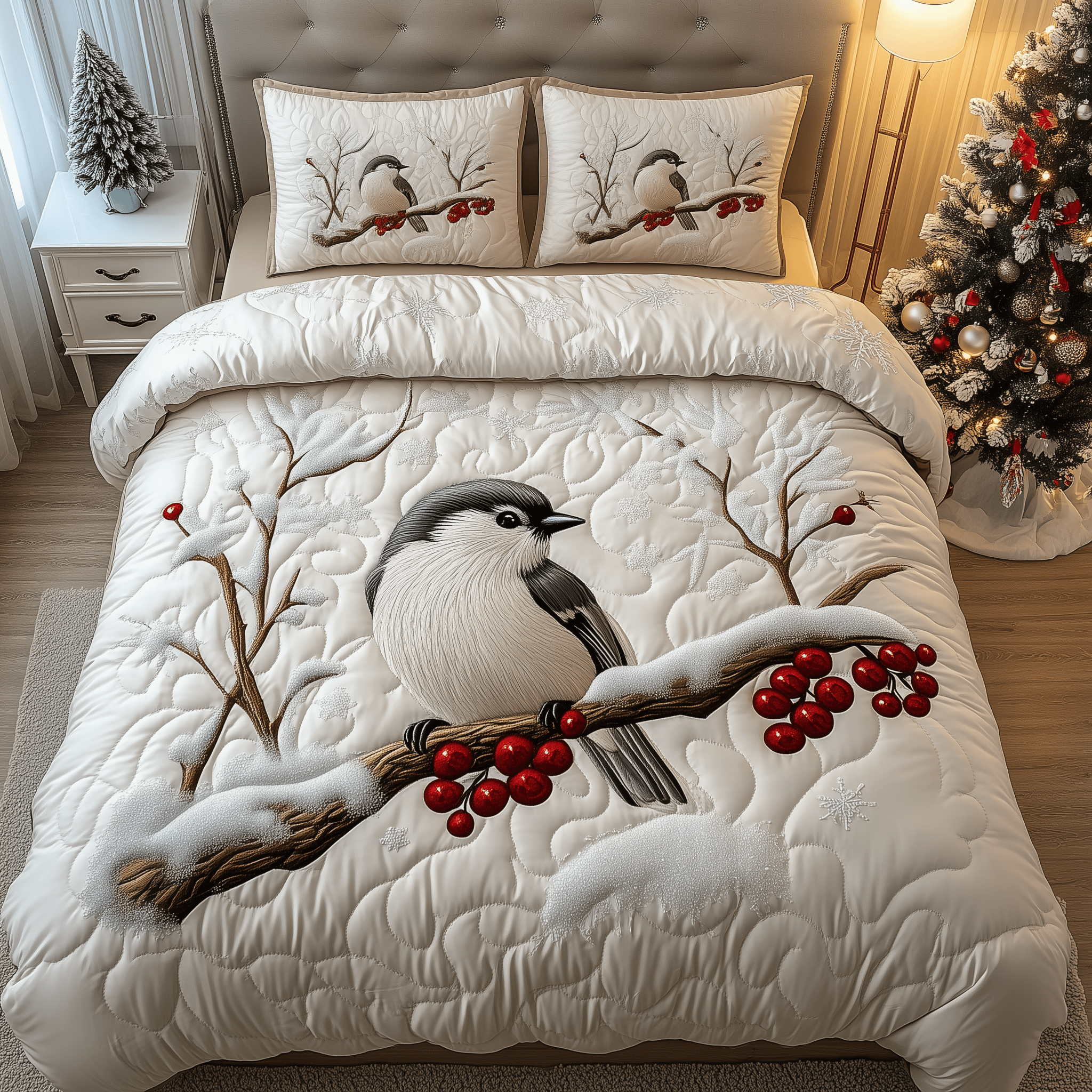 Elegant Snowy Bird Quilted Bedding Set Suggestions For Family Christmas Gifts