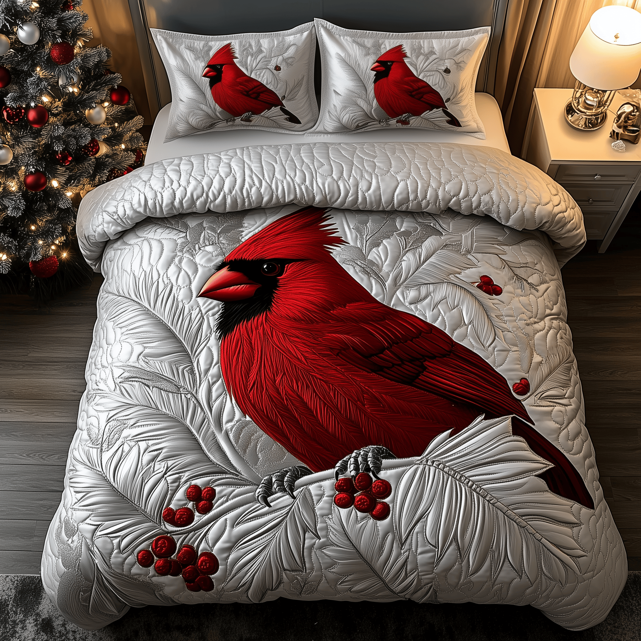 Elegant Snowy Cardinal Quilted Bedding Set Cardinal Bird Gifts
