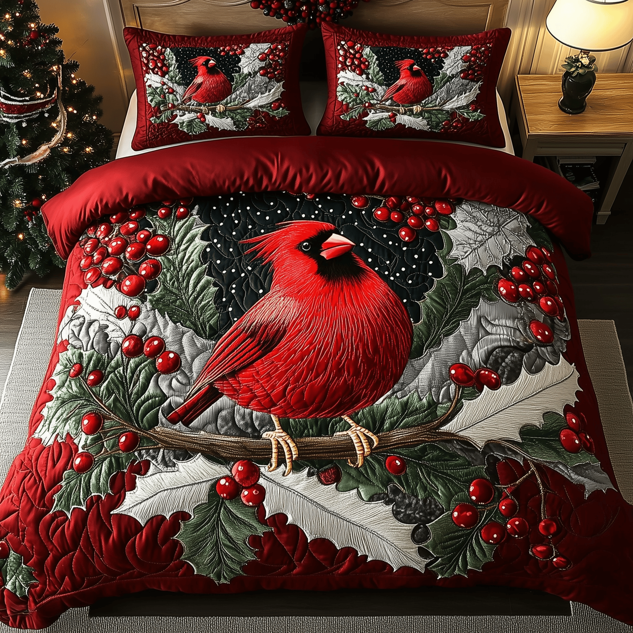 Elegant Snowy Cardinal Quilted Bedding Set Cardinal Christmas Decor