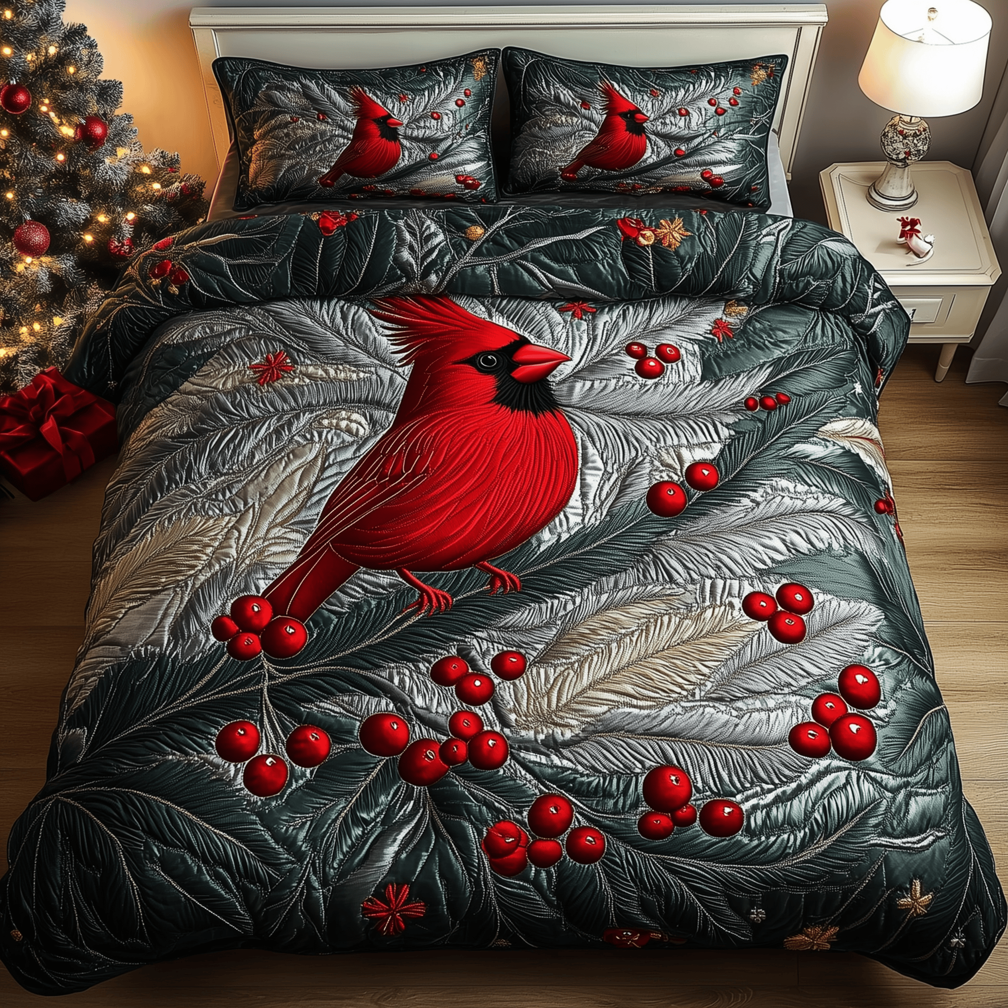 Elegant Snowy Cardinal Quilted Bedding Set Cardinal Christmas Gift