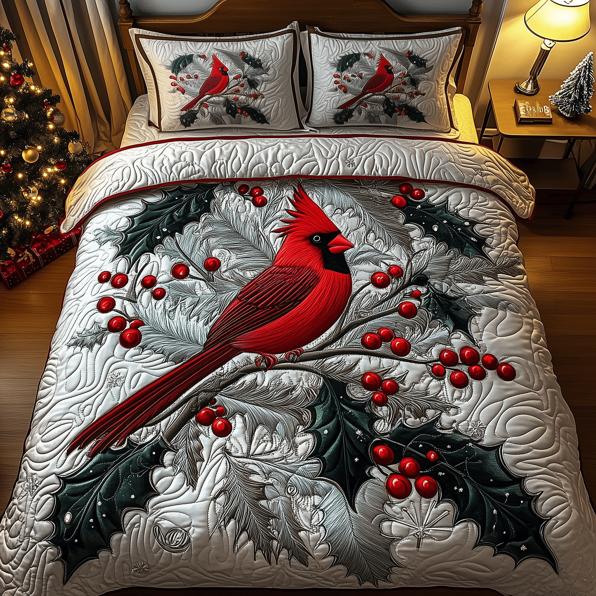 Elegant Snowy Cardinal Quilted Bedding Set Cardinal Christmas Gift Ideas