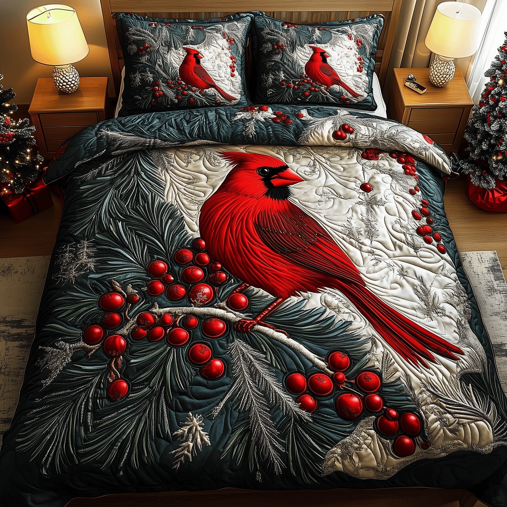 Elegant Snowy Cardinal Quilted Bedding Set Cardinal Gifts For Christmas
