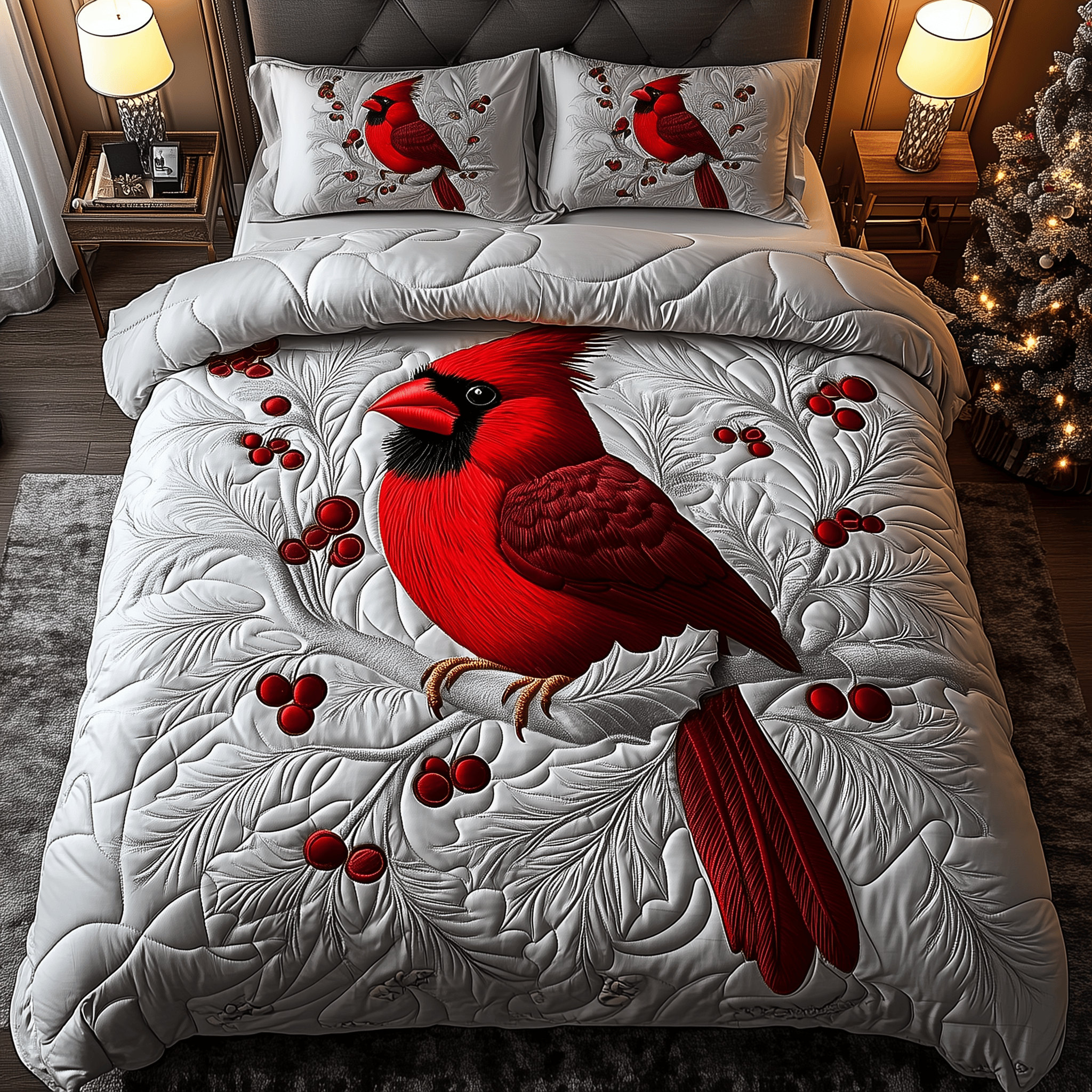 Elegant Snowy Cardinal Quilted Bedding Set Cardinal Themed Gifts