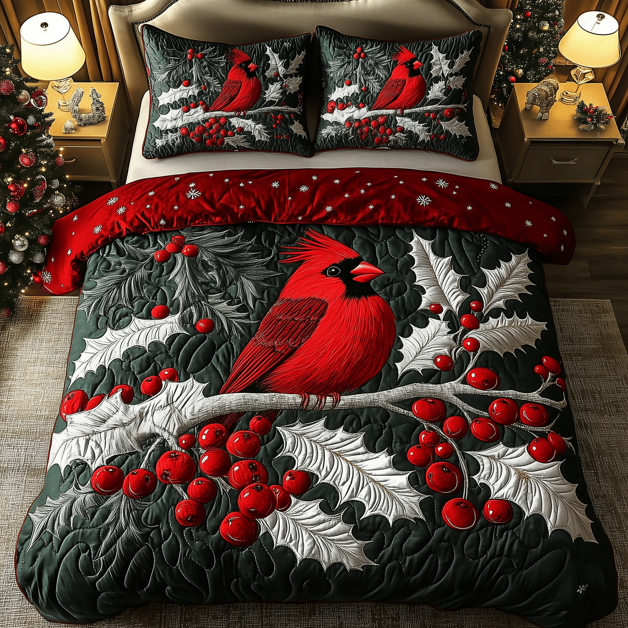 Elegant Snowy Cardinal Quilted Bedding Set Red Cardinal Gifts Ideas