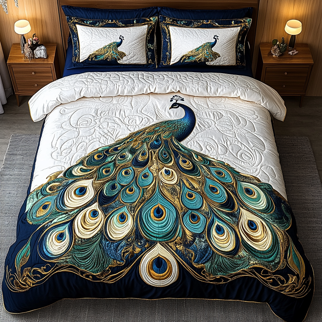 Elegant Strut Quilted Bedding Set Bed Decor Peacock Merchandise Gifts