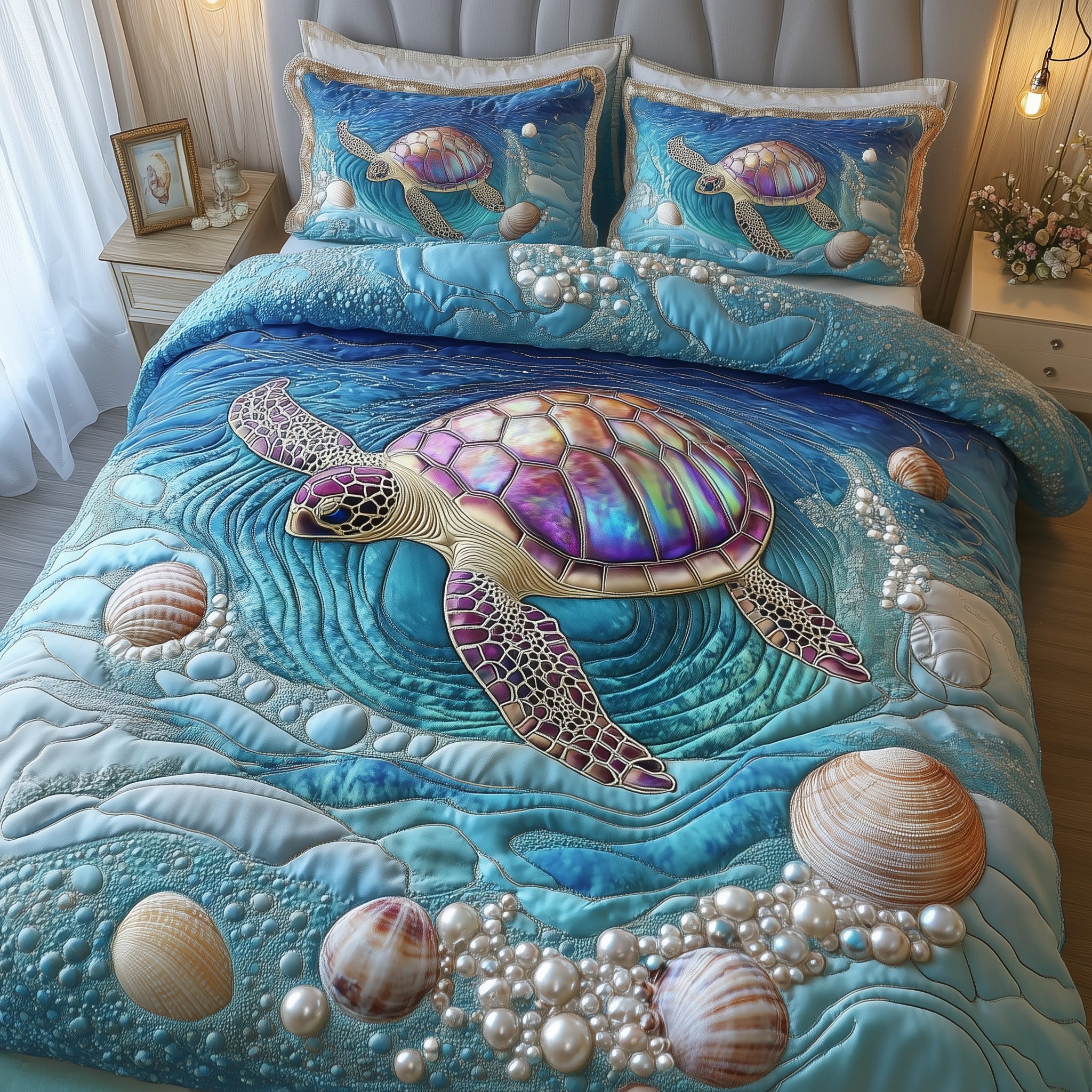 Elegant Turtle Quilted Bedding Set Duvet Cover Bedspread Gifts For People Who Loves Sea Turtle