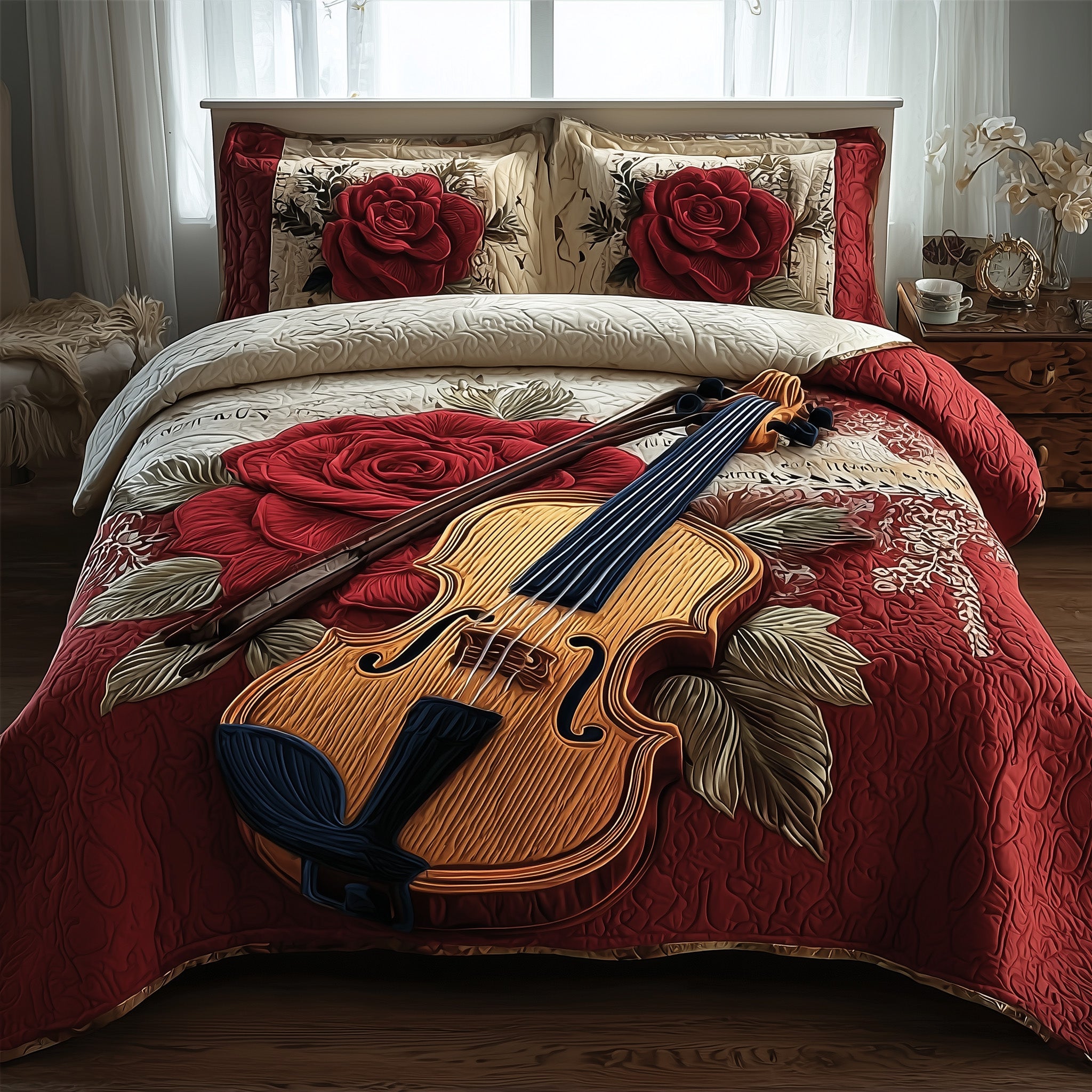 Elegant Violin Quilted Bedding Set Anniversary Gift