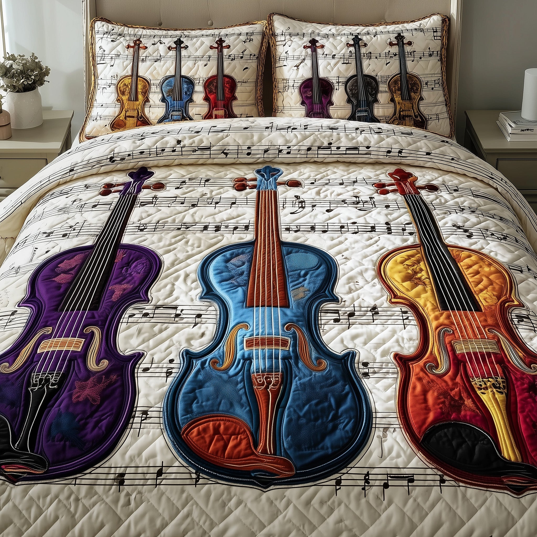 Elegant Violin Quilted Bedding Set Breathable