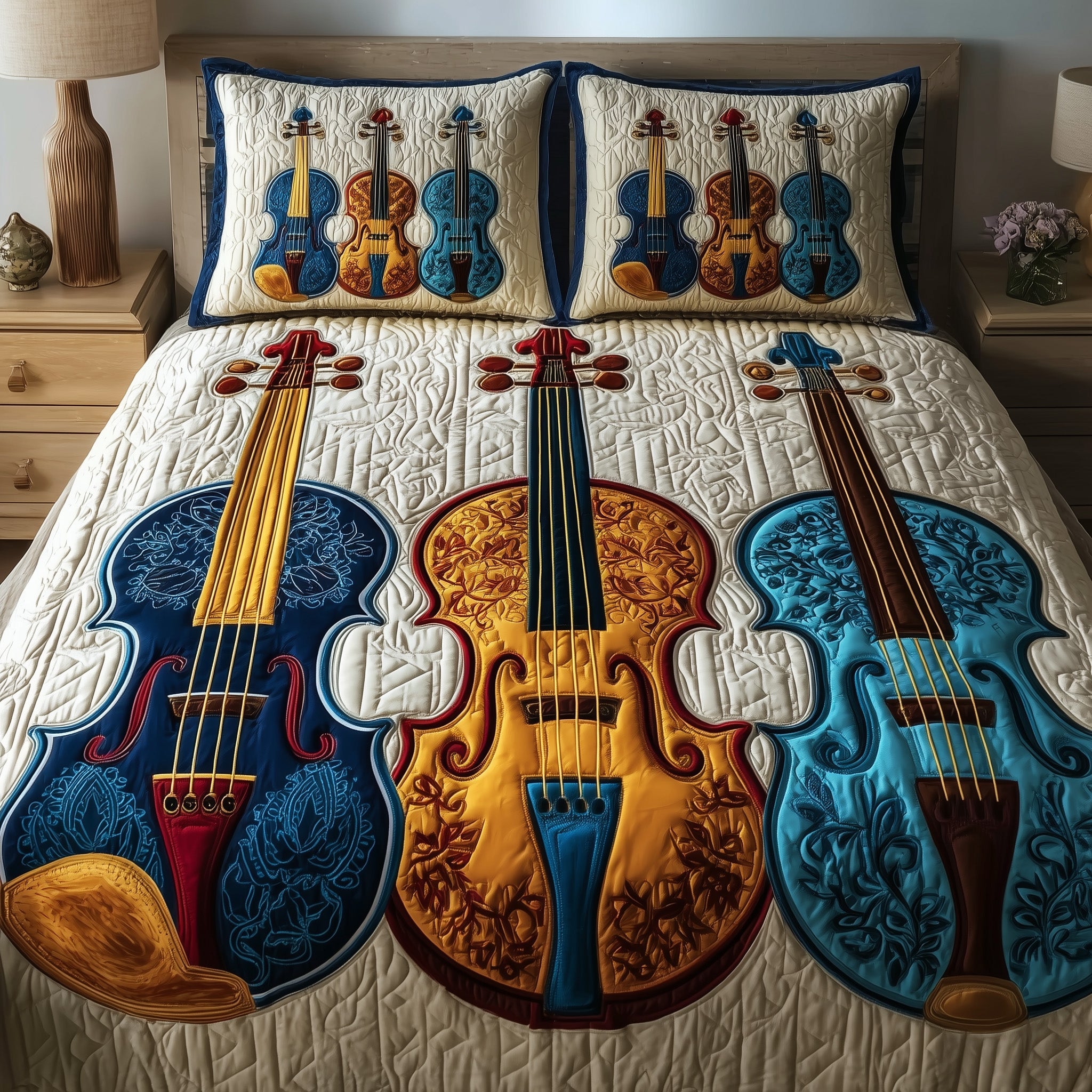 Elegant Violin Quilted Bedding Set Duvet Cover Bedspread Cool Gifts This Christmas