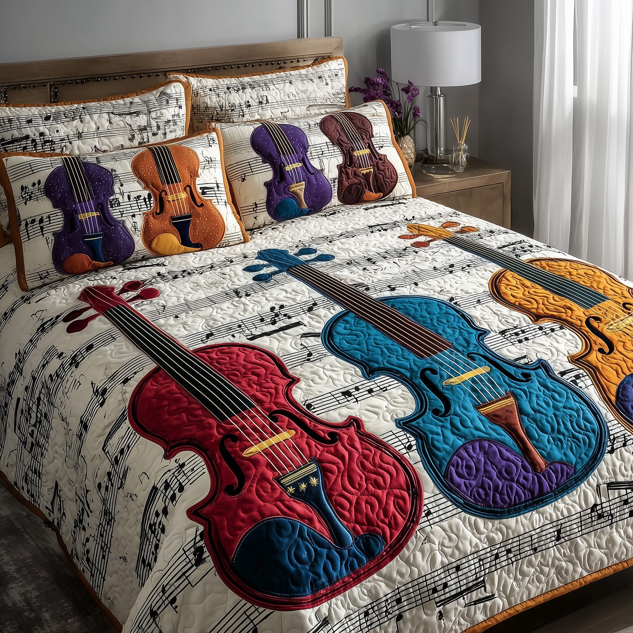 Elegant Violin Quilted Bedding Set Duvet Cover Bedspread Great Christmas Present For Wife