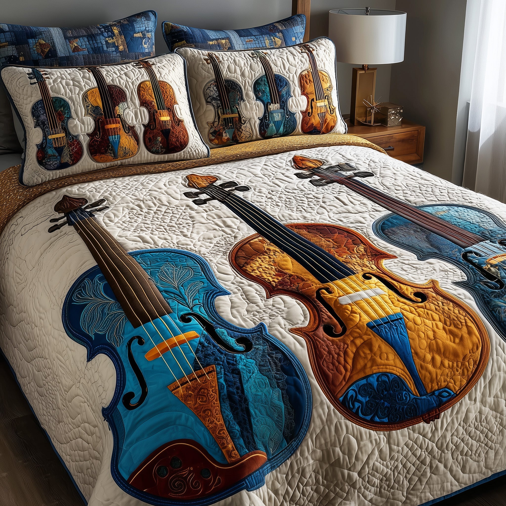 Elegant Violin Quilted Bedding Set Duvet Cover Bedspread Ladies Xmas Present Ideas
