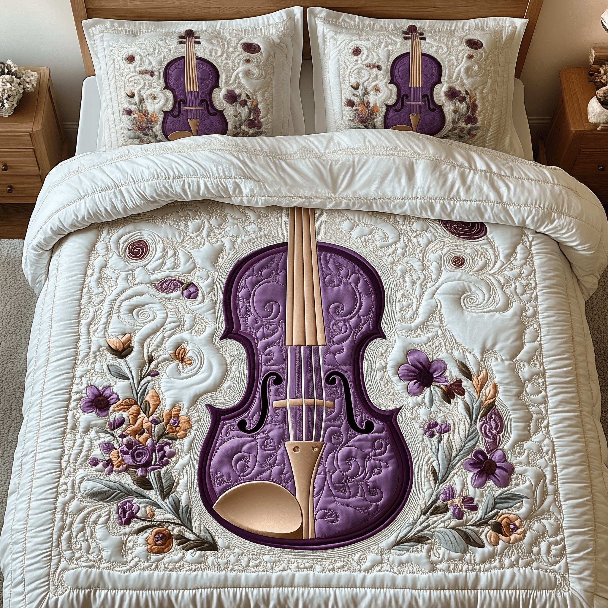Elegant Violin Quilted Bedding Set Gift For Violin Player