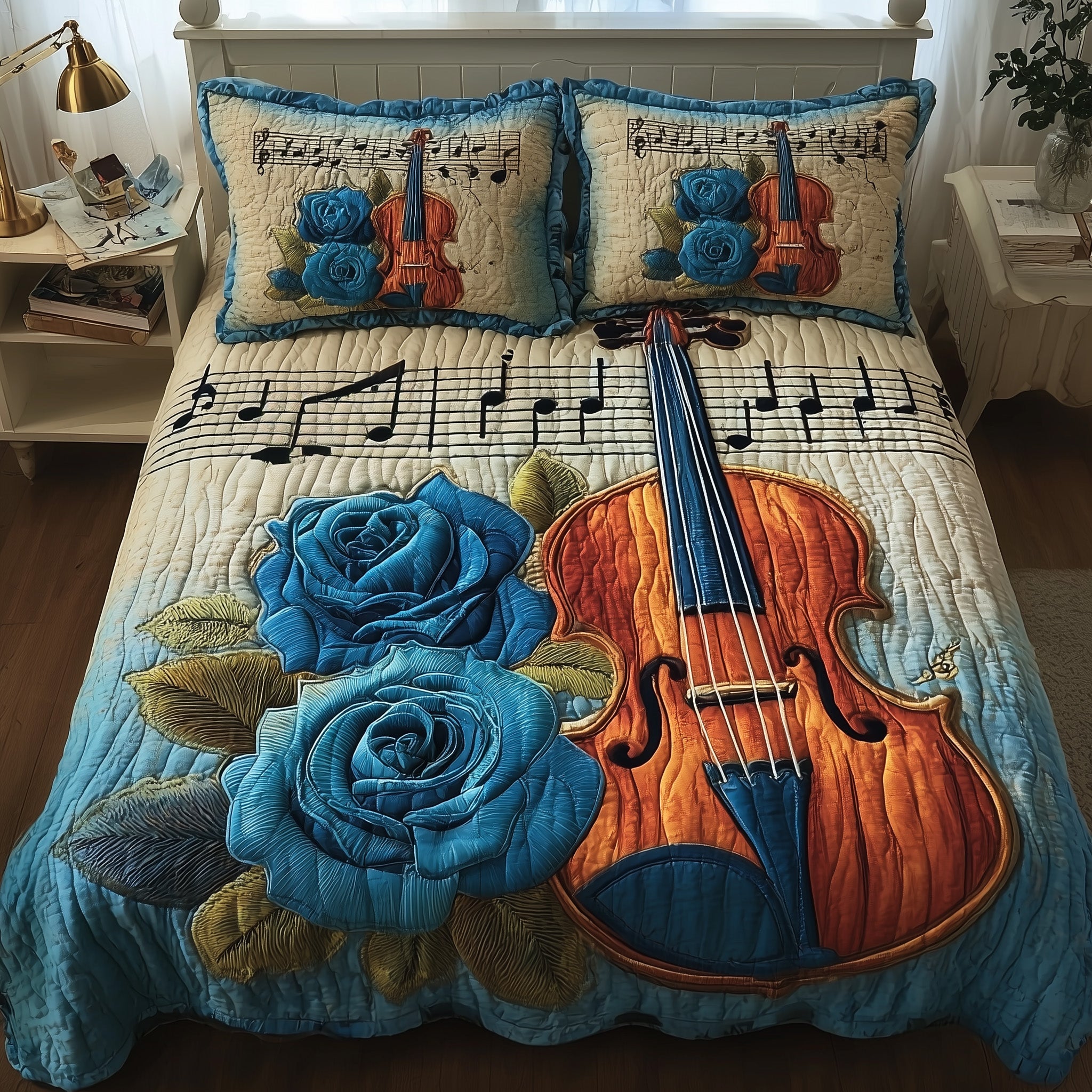 Elegant Violin Quilted Bedding Set Linen Blend