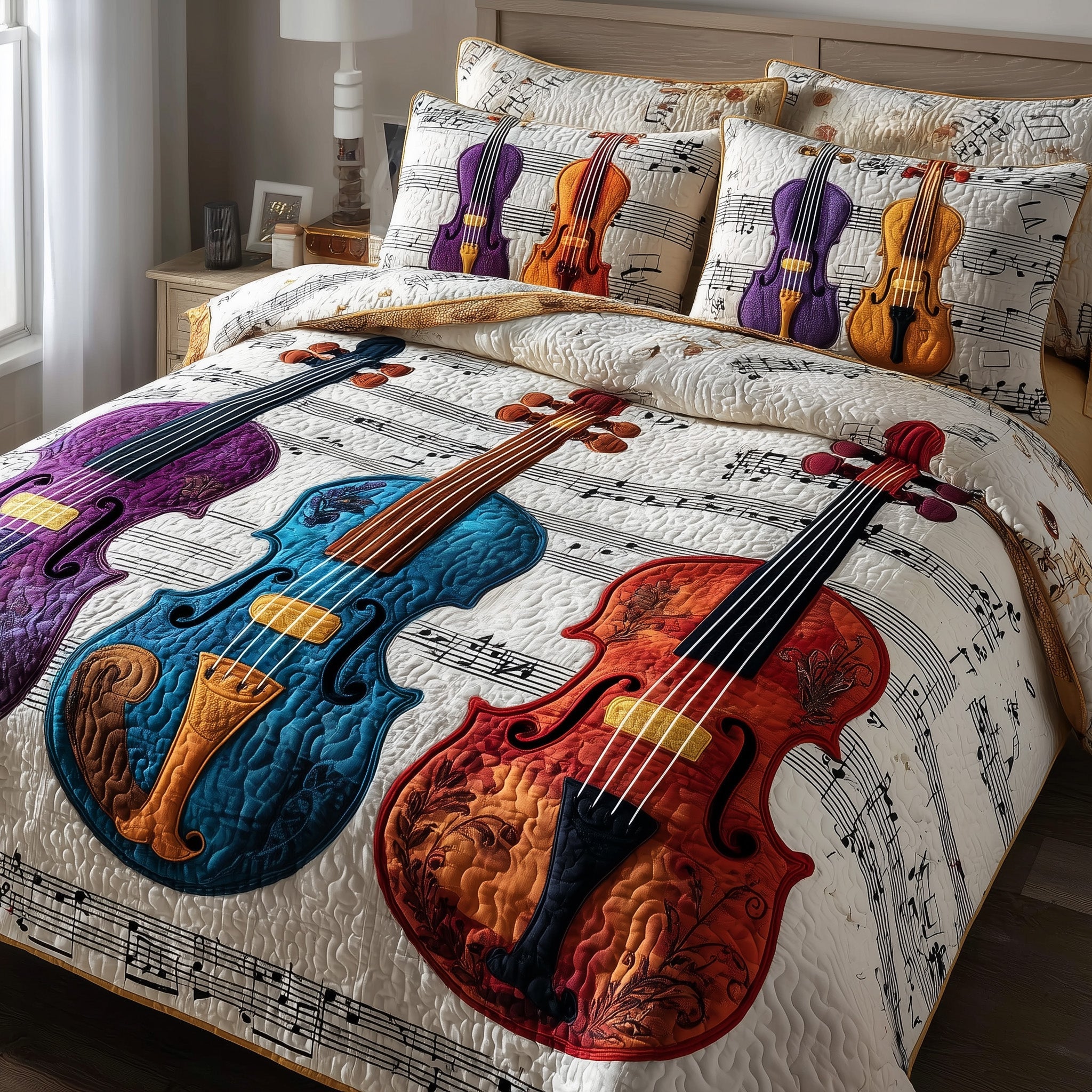 Elegant Violin Quilted Bedding Set Machine Washable