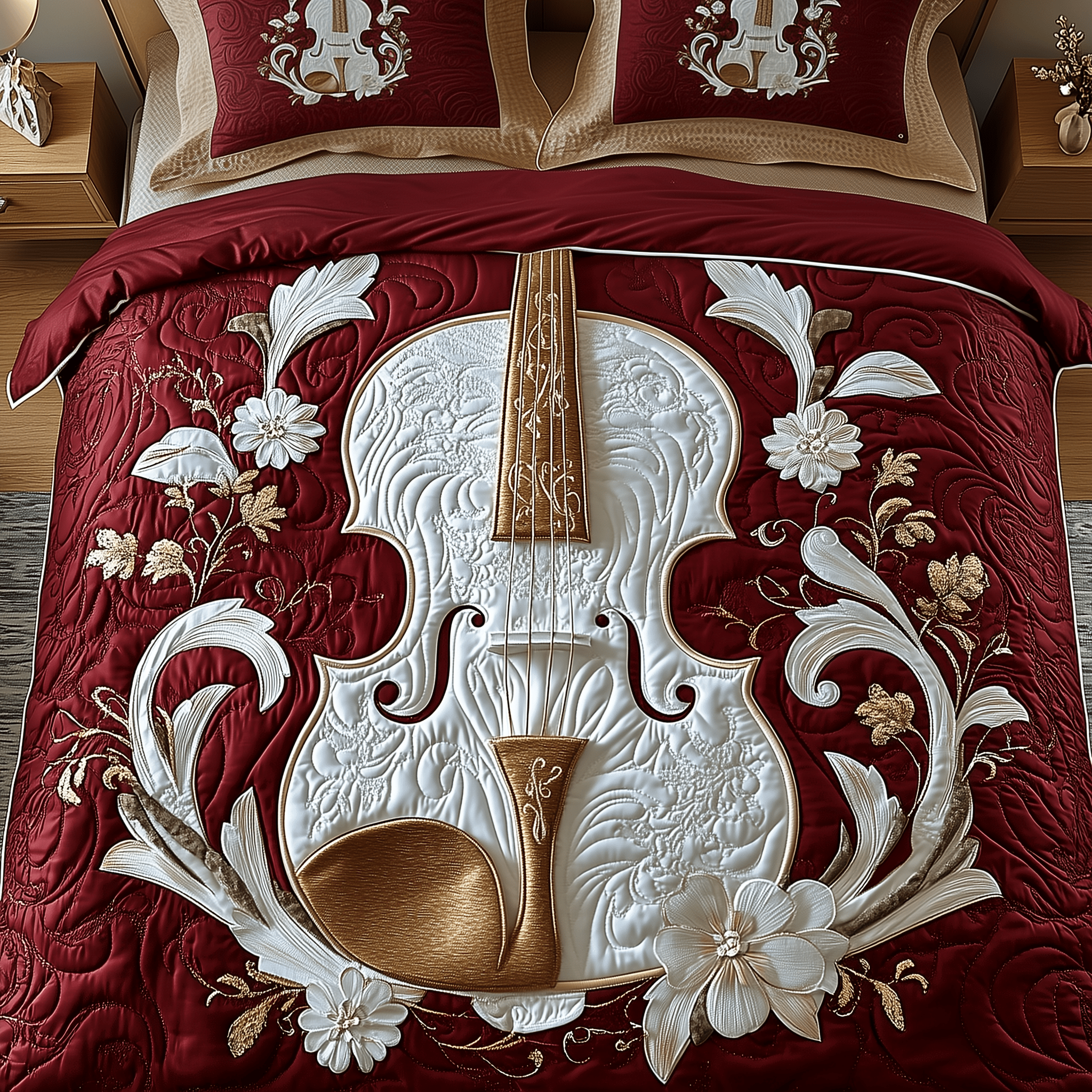 Elegant Violin Quilted Bedding Set Presents For Violin Players
