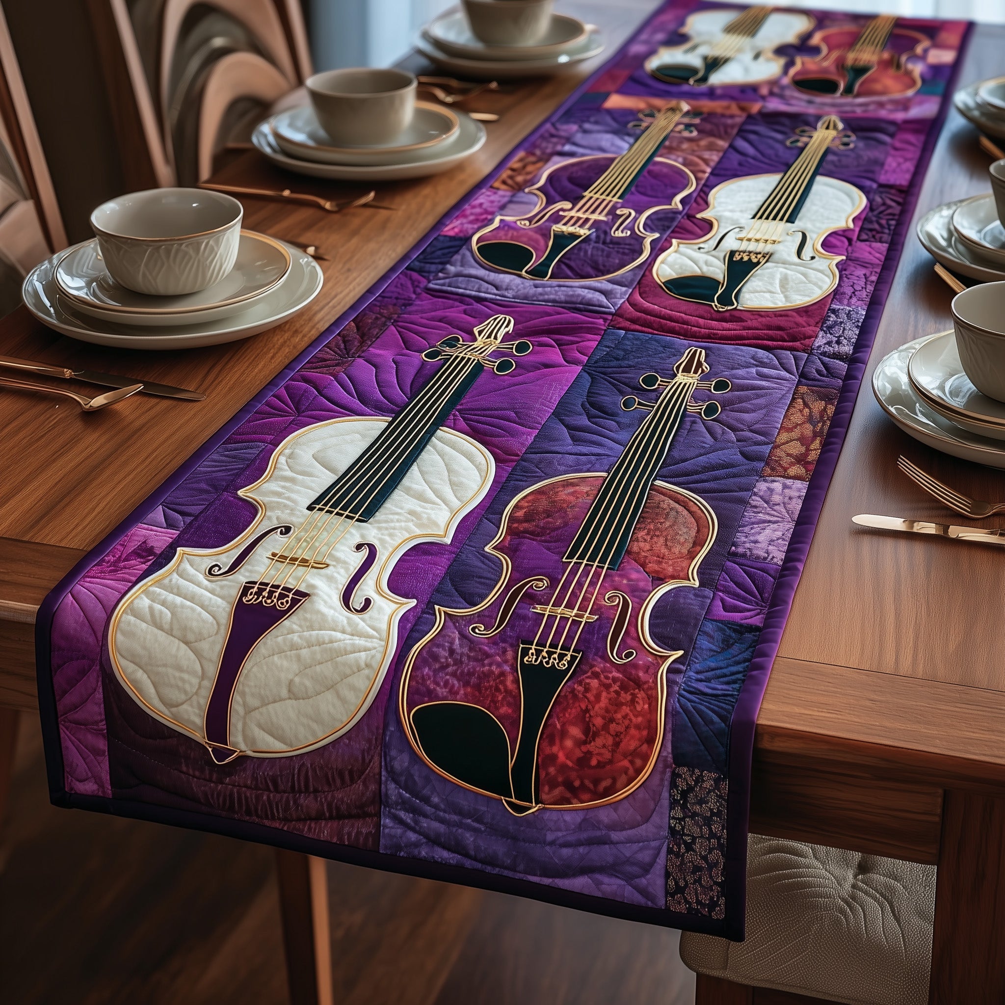 Elegant Violin Quilted Table Runner Christmas Table Runner for Dining Room
