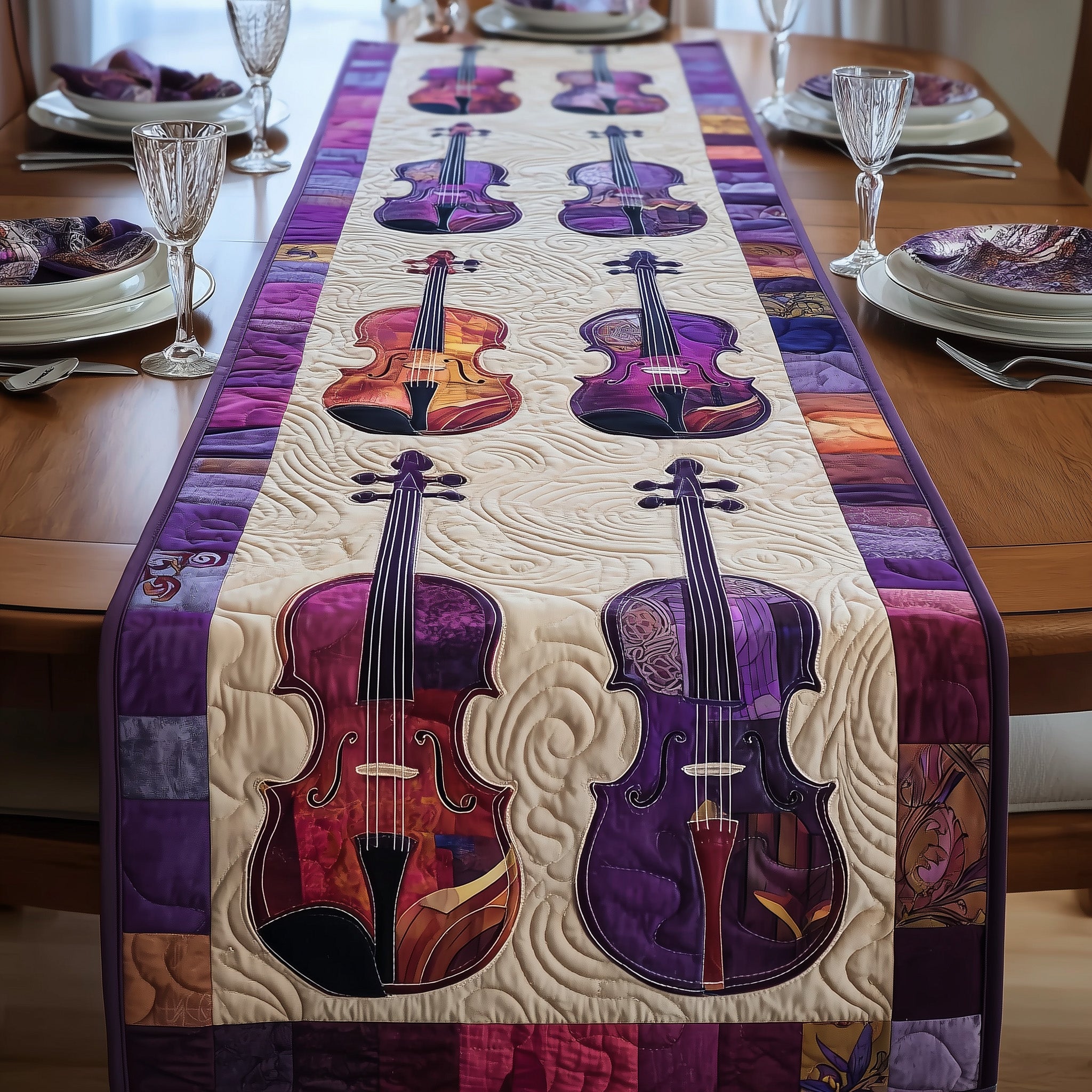 Elegant Violin Quilted Table Runner Christmas Theme Table Runner