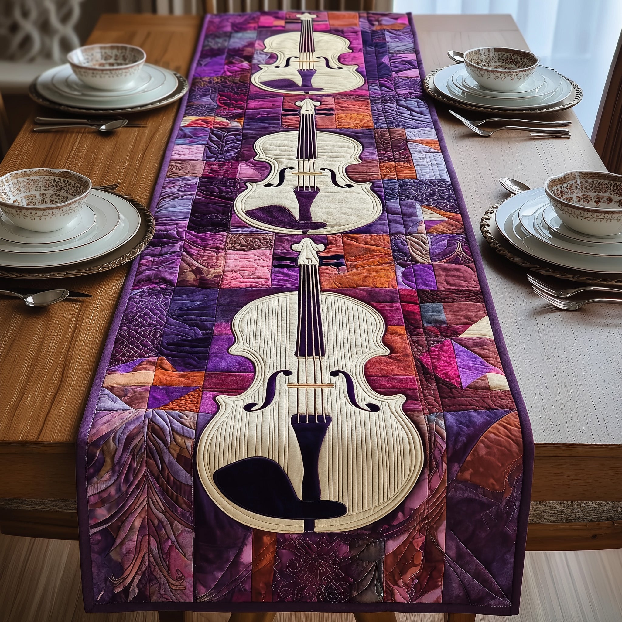 Elegant Violin Quilted Table Runner Holiday Table Runner Gift Idea