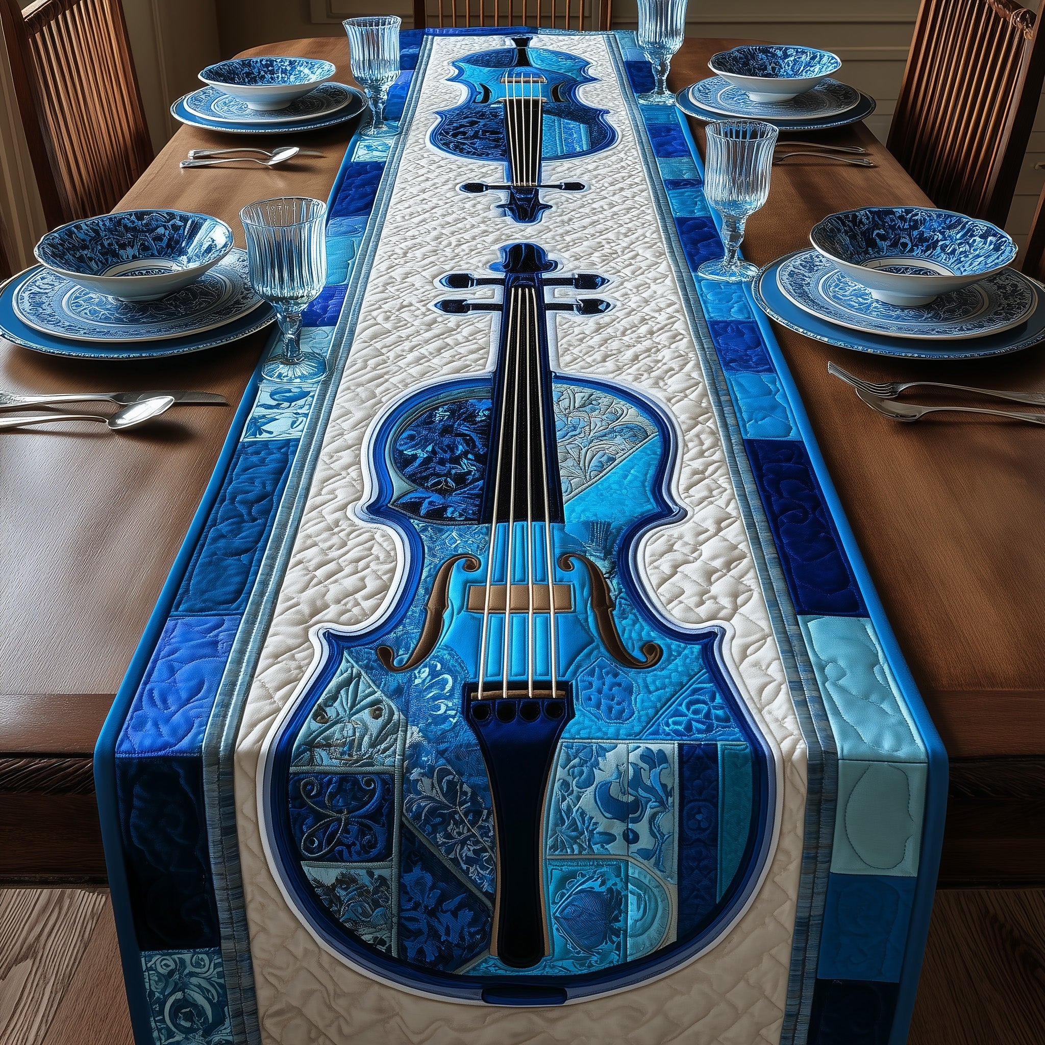 Elegant Violin Quilted Table Runner Table Runner for Christmas Decor