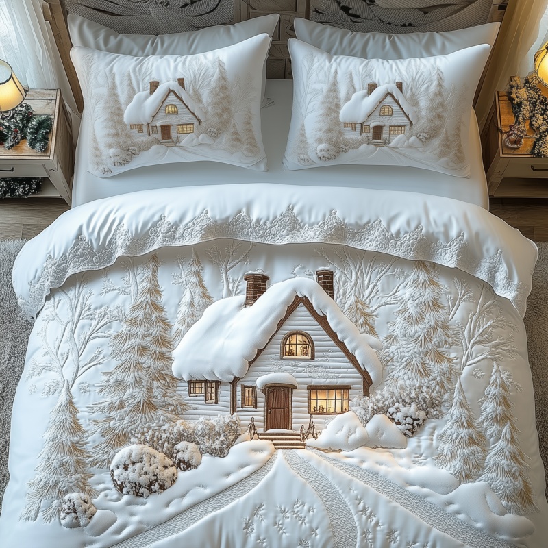 Elegant White Christmas Cabin Quilted Bedding Set Holiday Snow Bedroom Decor Gift Ideas