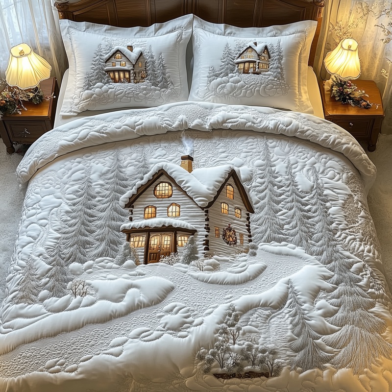 Elegant White Christmas Cabin Quilted Bedding Set Winter Holiday Bedroom Decor Festive Gift Ideas
