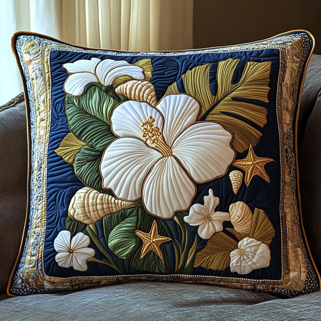 Elegant White Hibiscus Quilted Pillow Case Decorative Throw Pillow Covers Christmas Floral Gifts