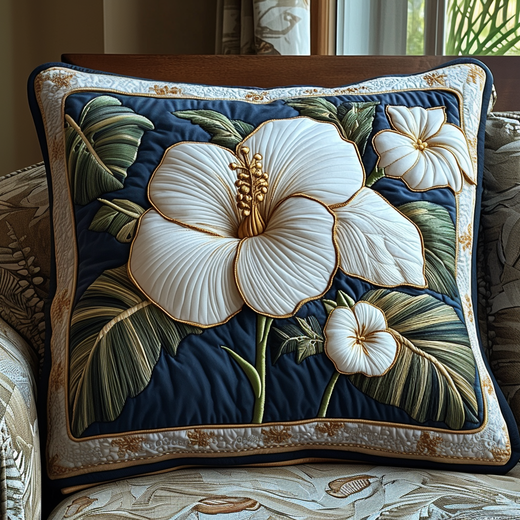 Elegant White Hibiscus Quilted Pillow Case Throw Pillow Covers Presents For Flower Lovers