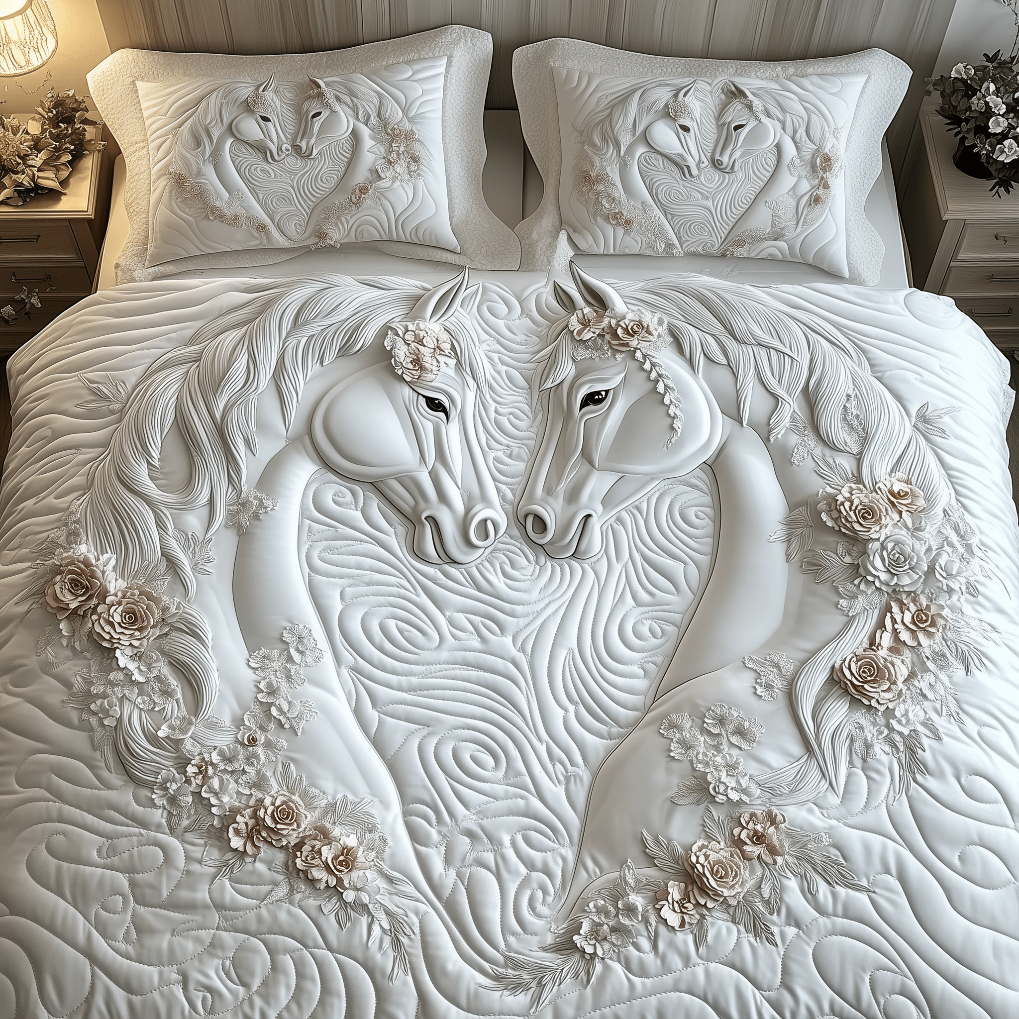 Elegant White Horse Couple Quilted Bedding Set Equestrian Christmas Gifts