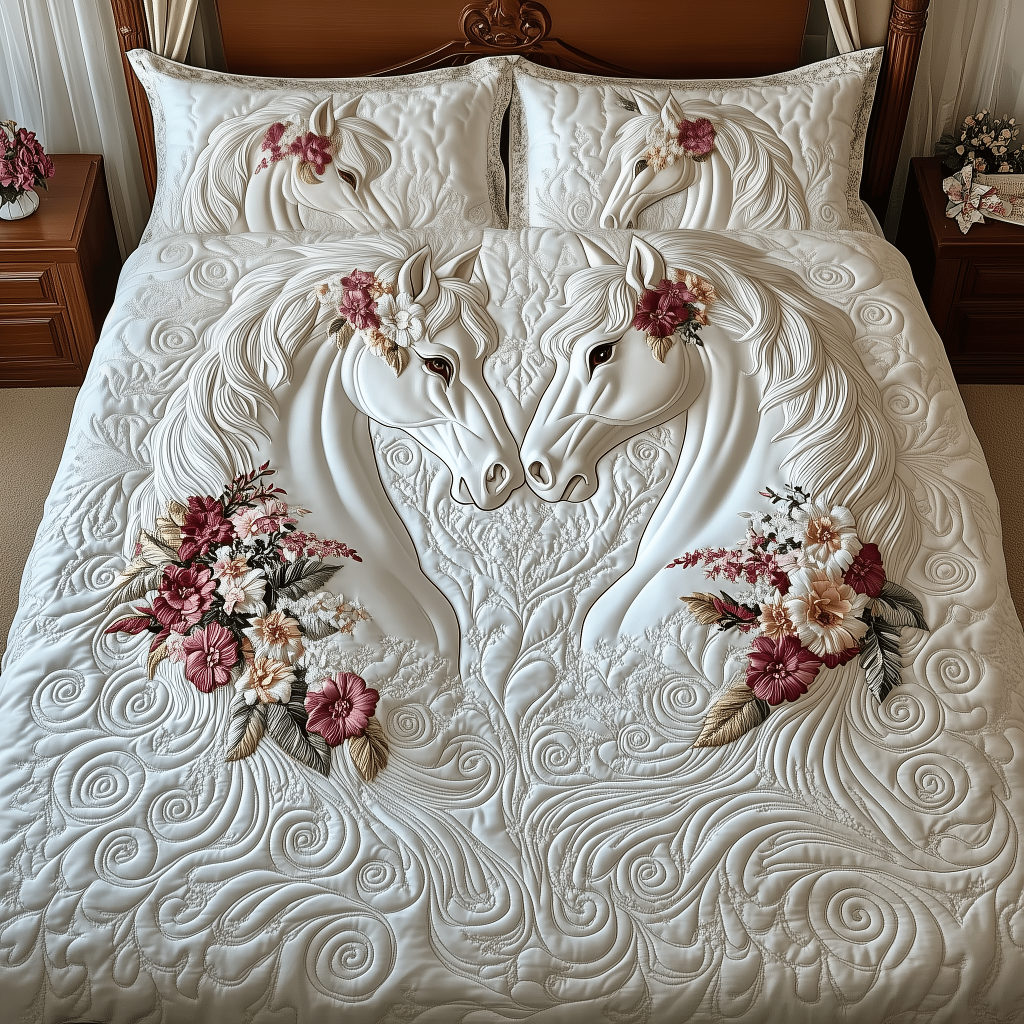 Elegant White Horse Couple Quilted Bedding Set Gifts For Horse Lovers