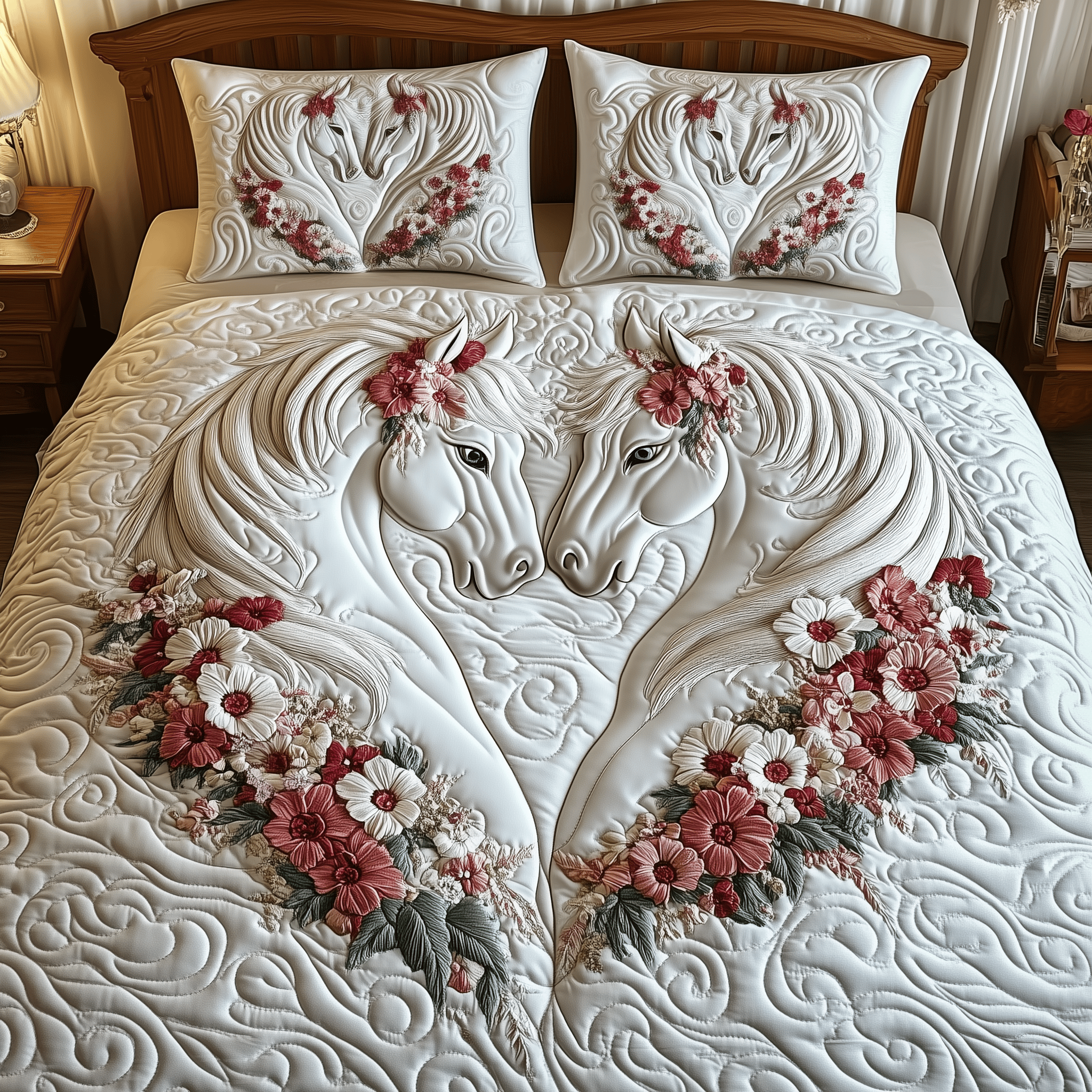 Elegant White Horse Couple Quilted Bedding Set Horse Gifts For Women