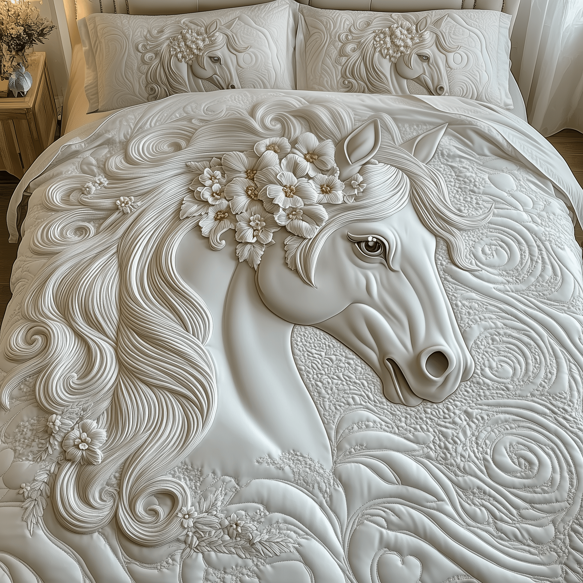 Elegant White Horse Quilted Bedding Set Best Gifts For Horse Lovers
