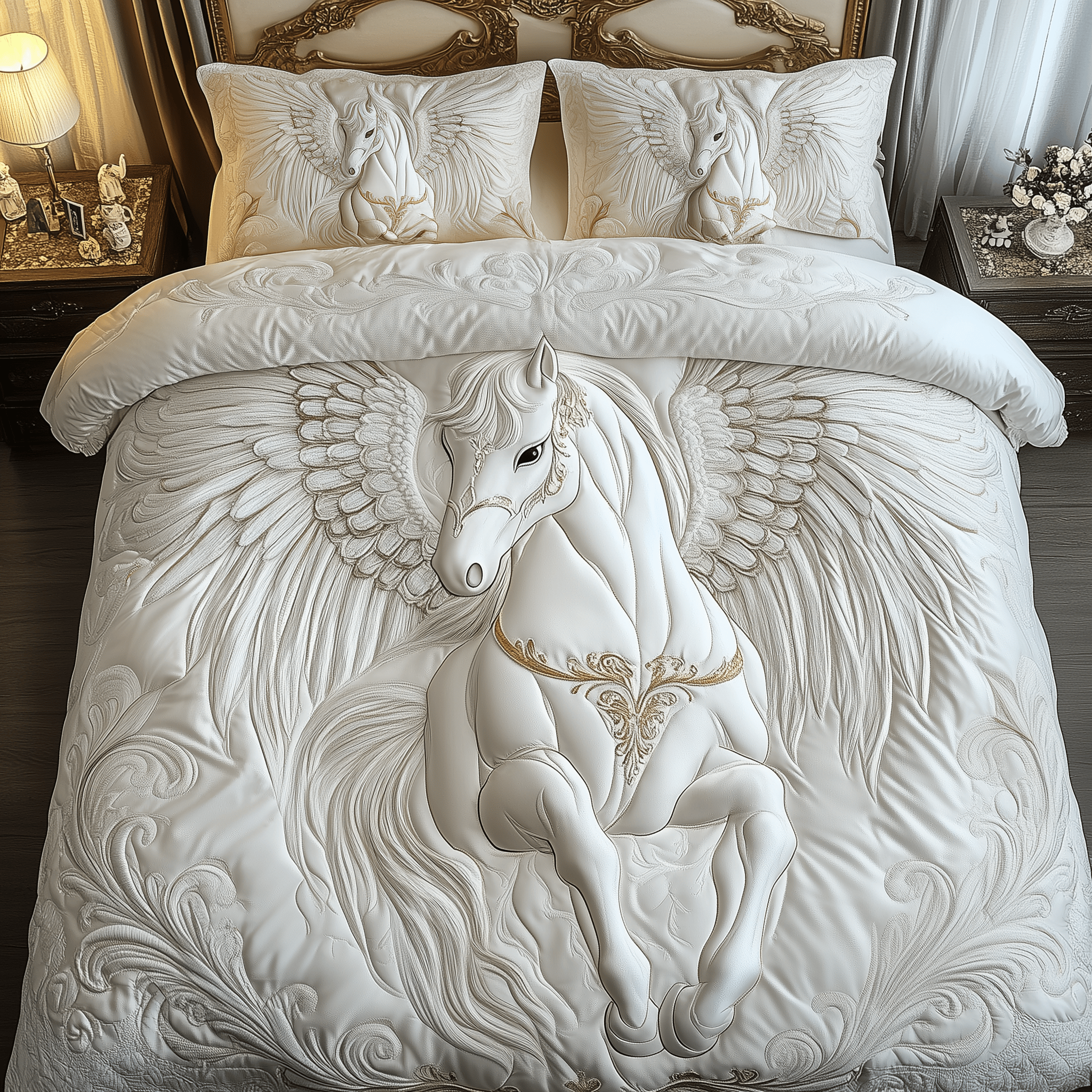 Elegant White Horse Quilted Bedding Set Christmas Gift Sets