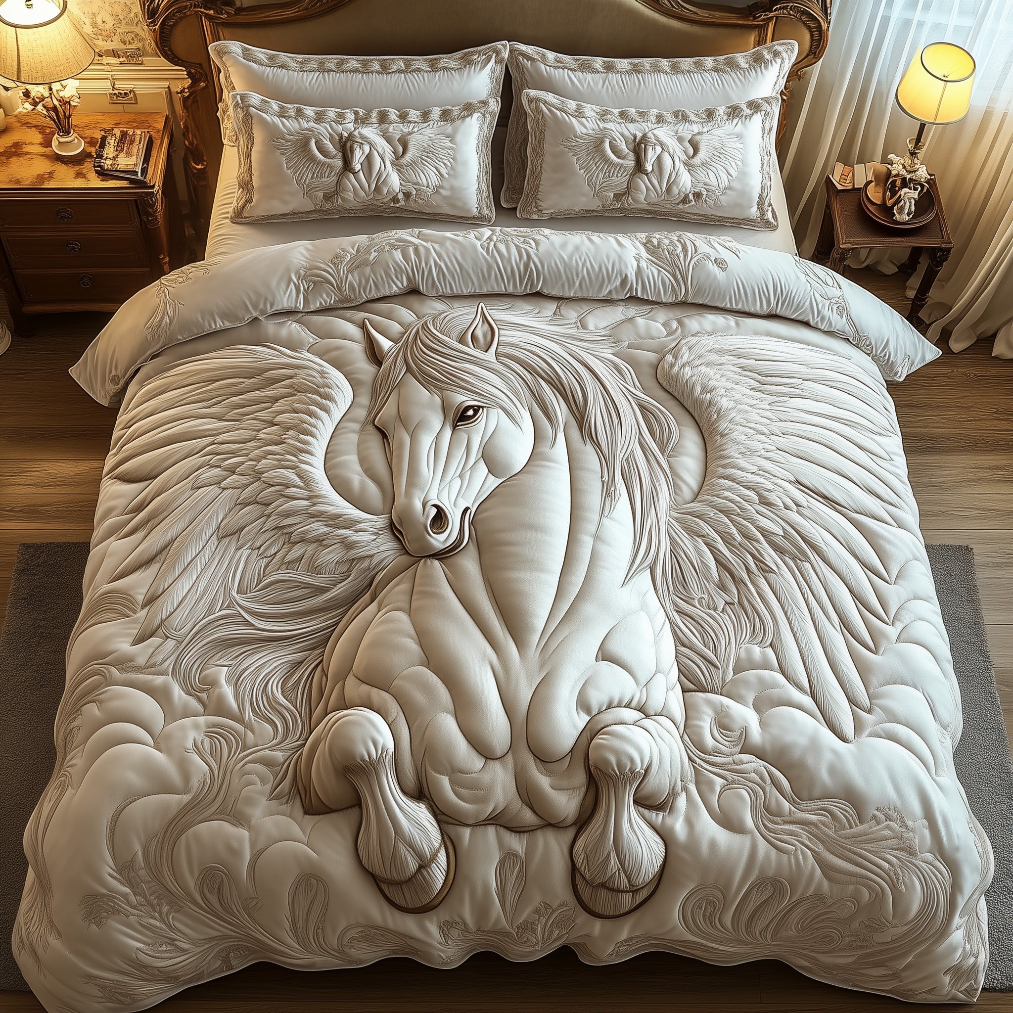 Elegant White Horse Quilted Bedding Set Duvet Cover Merchandise Gifts For Female Horse Lovers